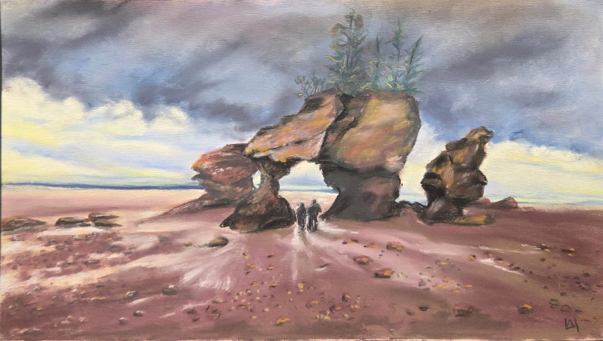 A landscape painting of a sandy beach with large rock formations, two people walking towards the rocks, cloudy sky with light breaking through, and small stones scattered on the sand.