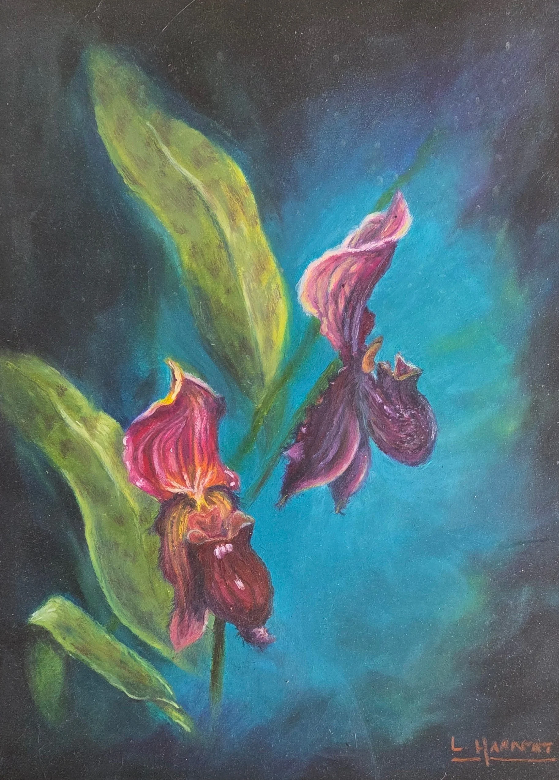 Colorful painting of two pink and purple orchids with green leaves against a blue and black background.