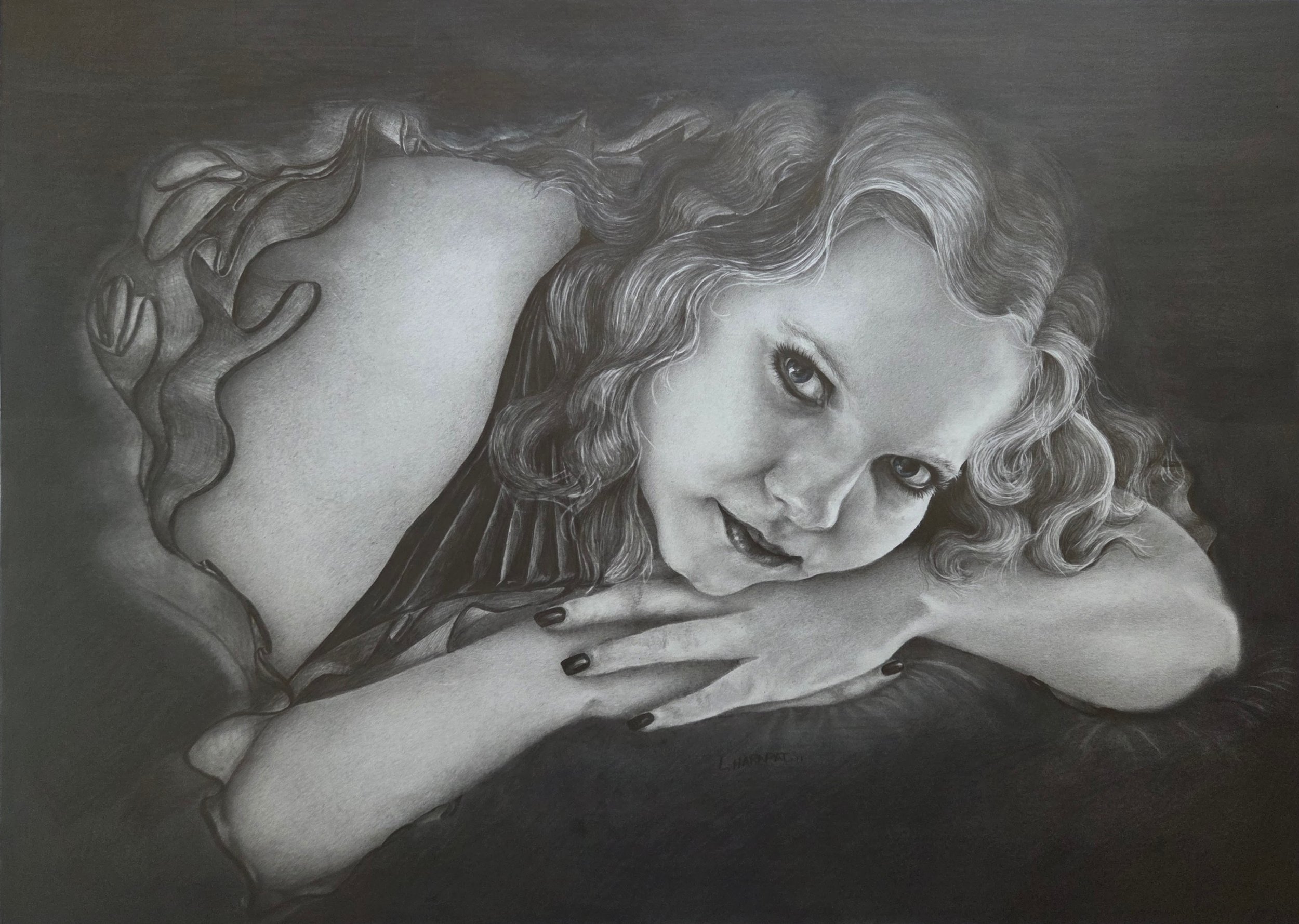 A detailed black-and-white portrait of a woman with curly hair, resting her head on her arms, gazing thoughtfully.