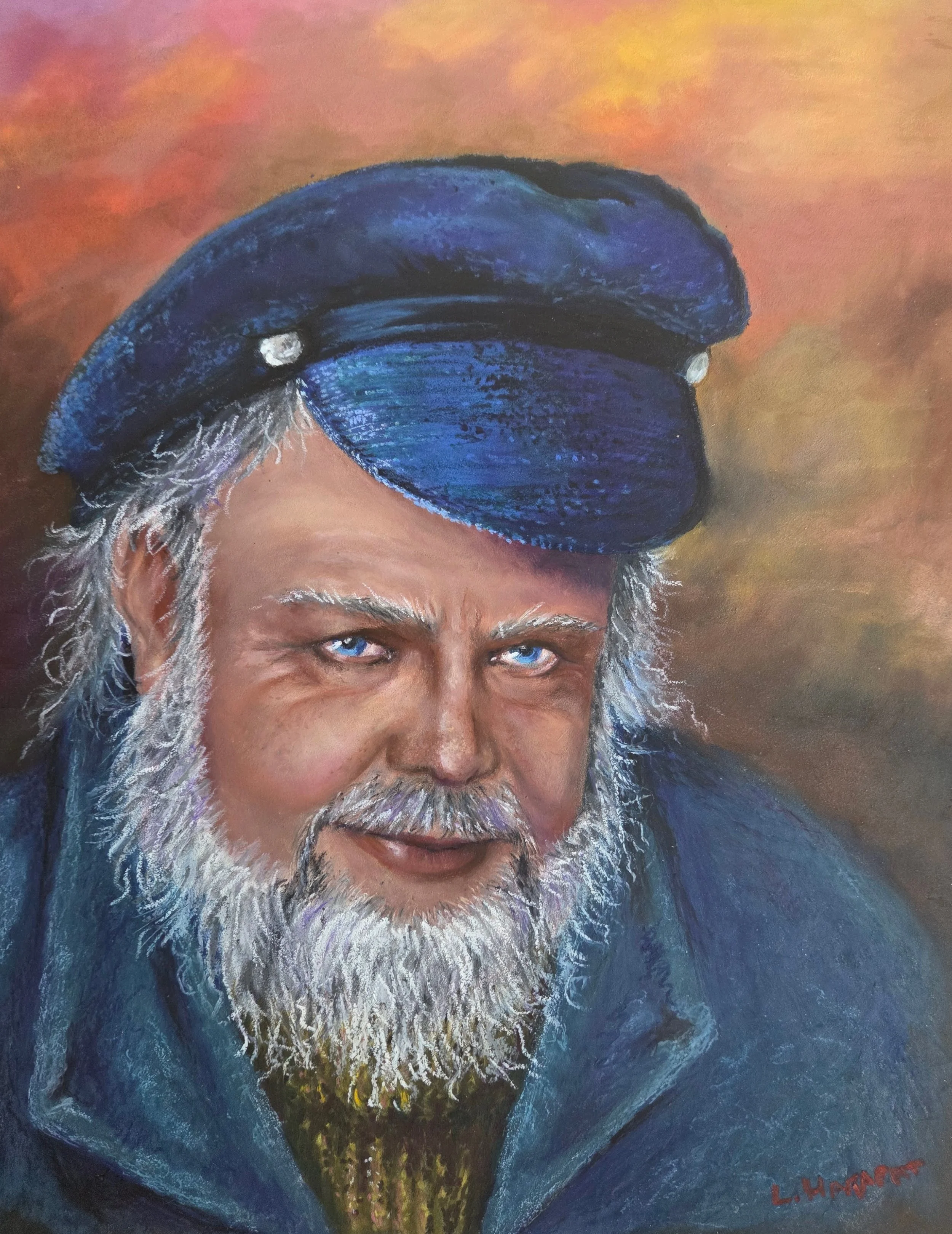 Painting of an older man with a white beard and blue eyes, wearing a blue cap and coat, against a warm, orange and pink background.