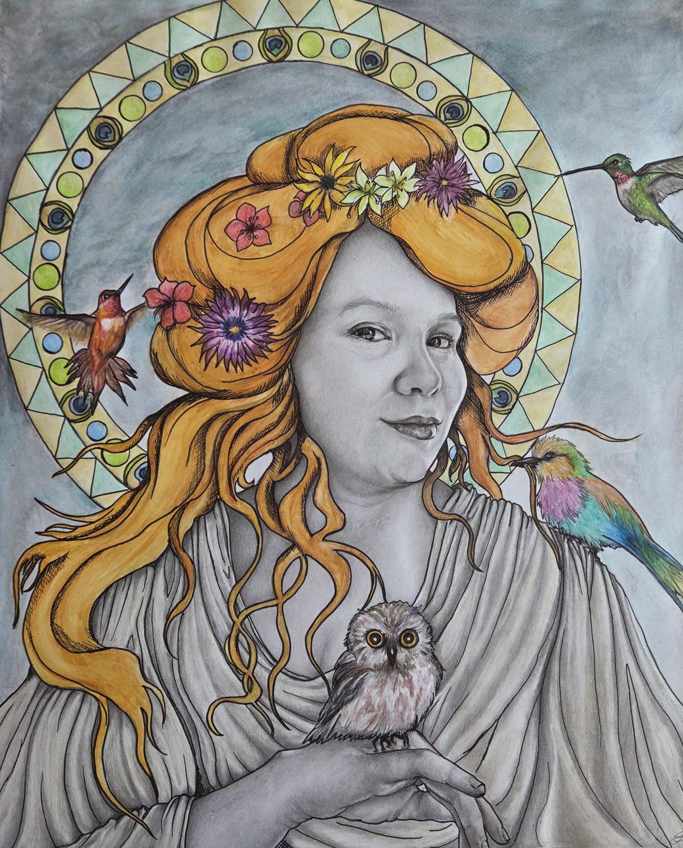 A mixed media artwork combining pencil drawing and colored illustrations of a woman with long flowing hair, adorned with flowers, surrounded by hummingbirds and an owl, with a decorative circular pattern in the background.