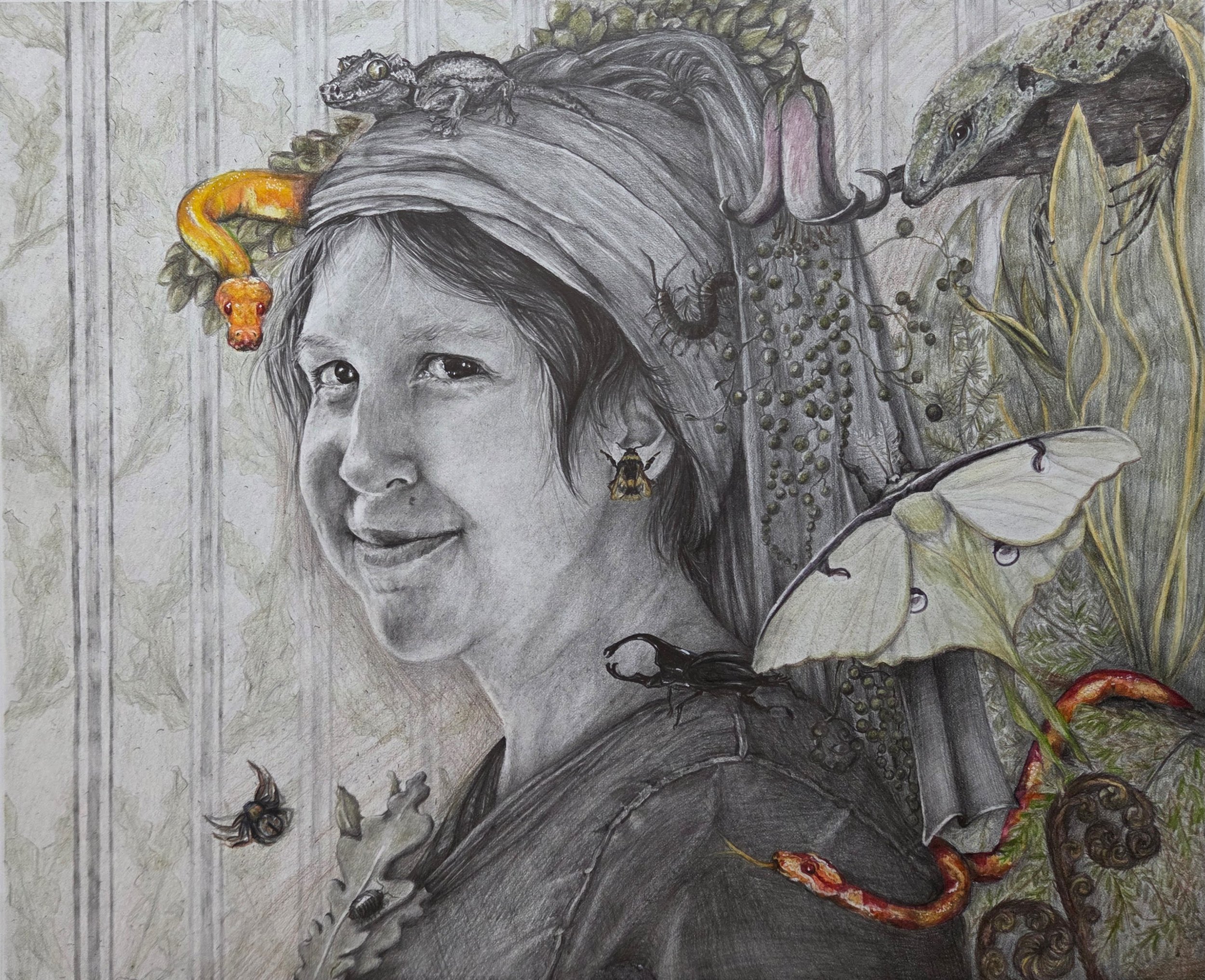 A detailed drawing of a young girl with a gentle smile, surrounded by insects, animals, and plant elements, including a snake, beetles, a butterfly, a caterpillar, a chameleon, a frog, a bee, a moth, and various leaves and flowers.