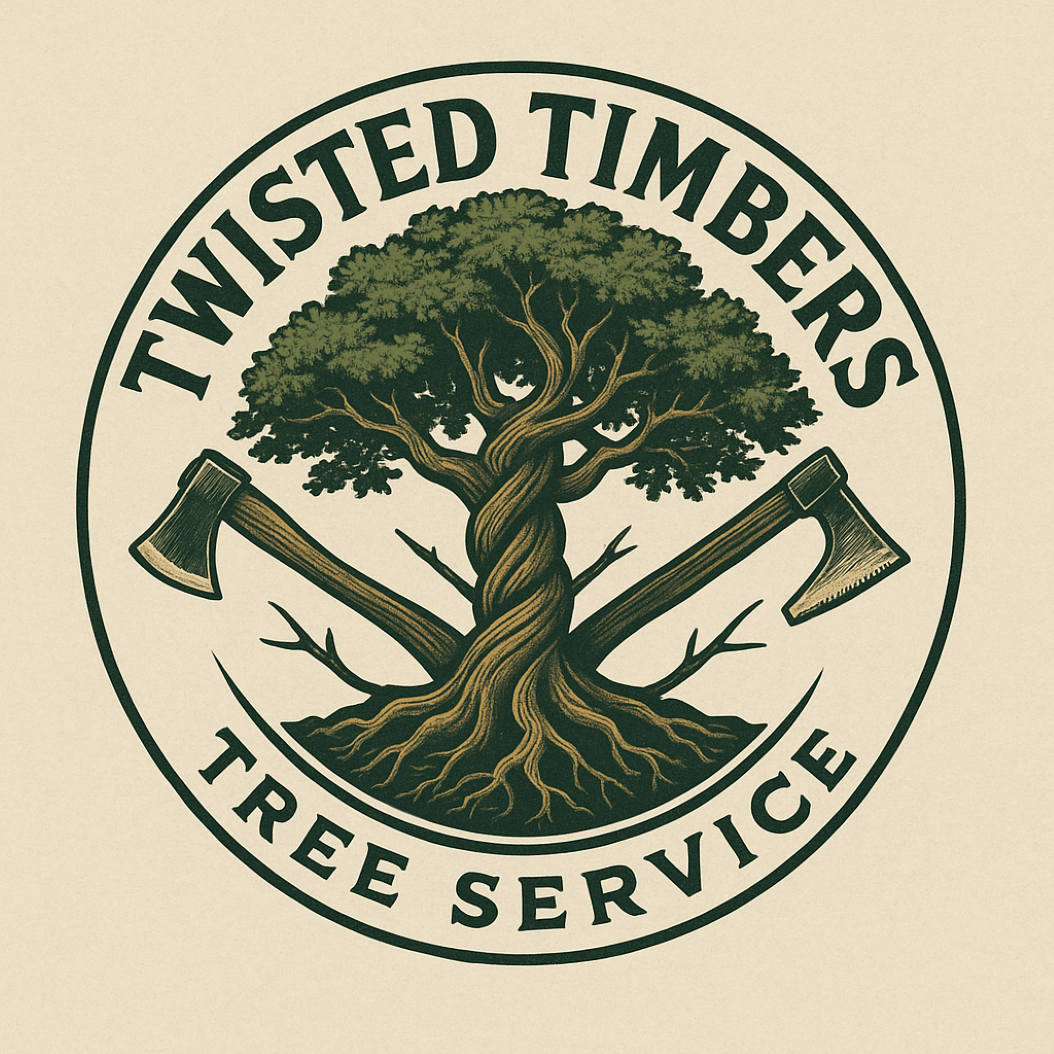 A logo for Twisted Timbers with a tree at the center, two crossed axes behind the tree, and the text "Twisted Timbers" at the top and "Tree Service" at the bottom.