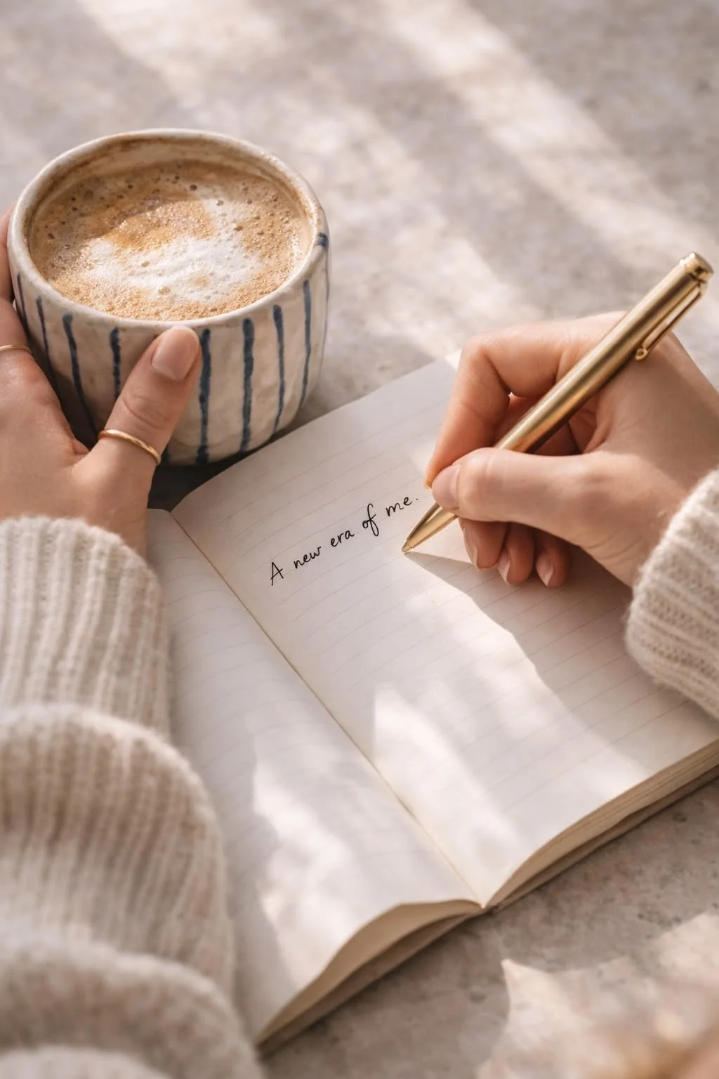Person writing in a notebook with the words 'A new era of me.' while holding a mug of coffee