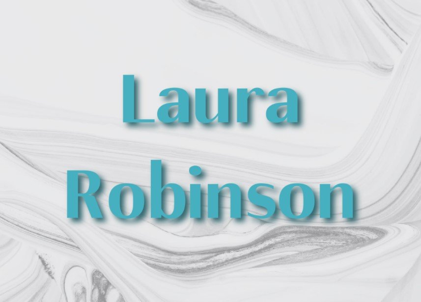 Text on a white marbled background reads "Laura Robinson" in large, blue, 3D letters.