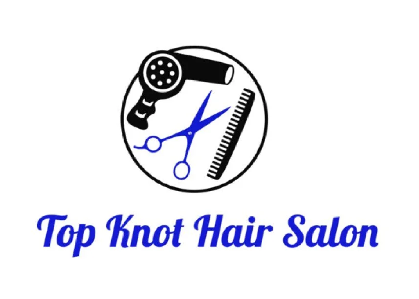 Logo for Top Knot Hair Salon featuring a hairdryer, scissors, comb, and a pair of scissors inside a circle with the salon name beneath.
