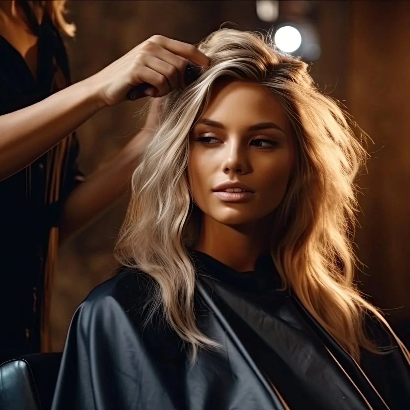 A woman with wavy blonde hair sitting in a salon chair while a hairstylist styles her hair.