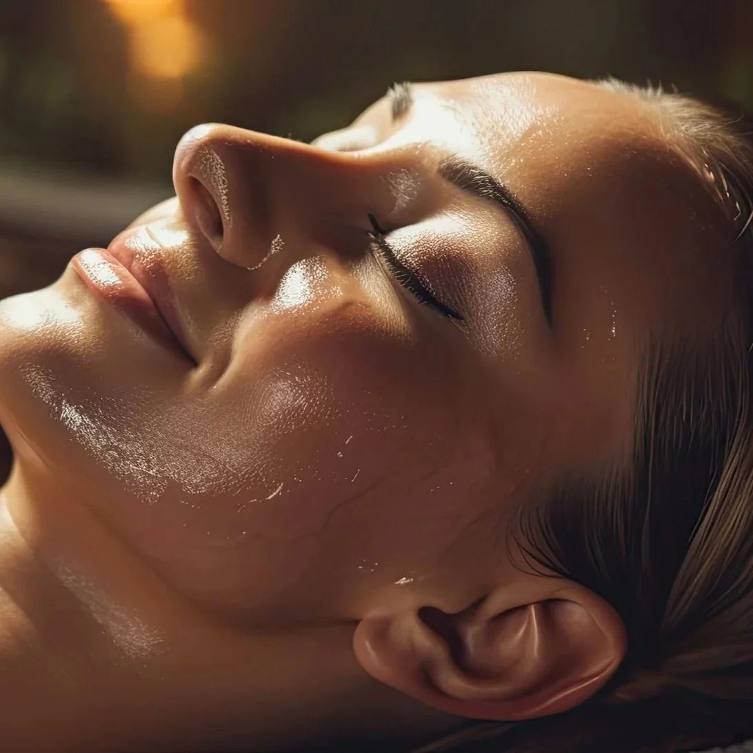 Close-up of a woman's face with closed eyes, showing smooth, shiny skin in warm lighting.