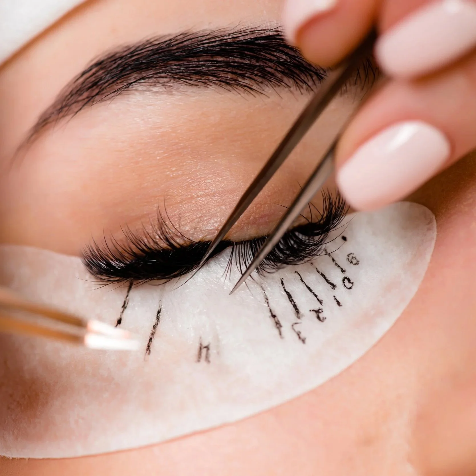 A person's eye with long, curled eyelashes undergoing eyelash extension application, with a white under-eye patch and a printed guide underneath.