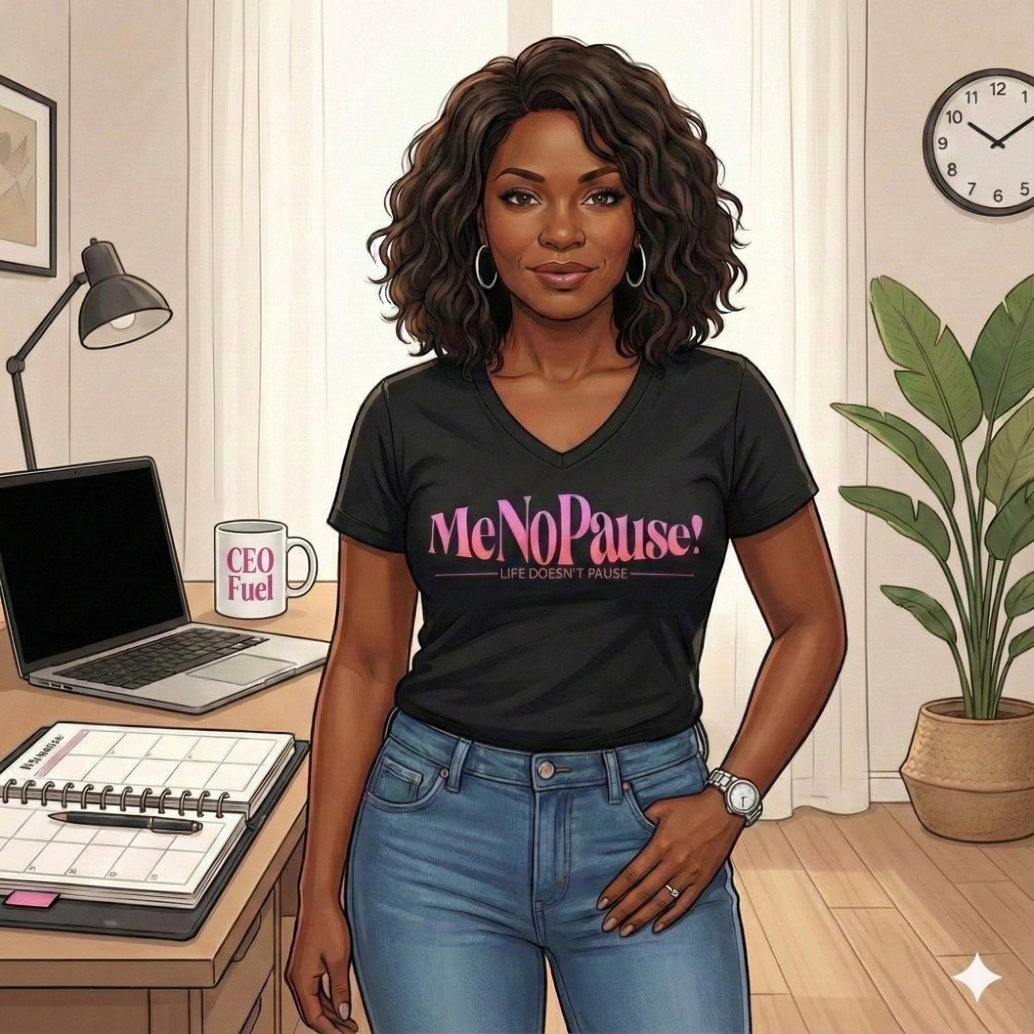 The MeNoPause!™ Chief Everything Officer stands confidently in a black branded tee against a bold pink background, representing leadership, clarity, and authority.