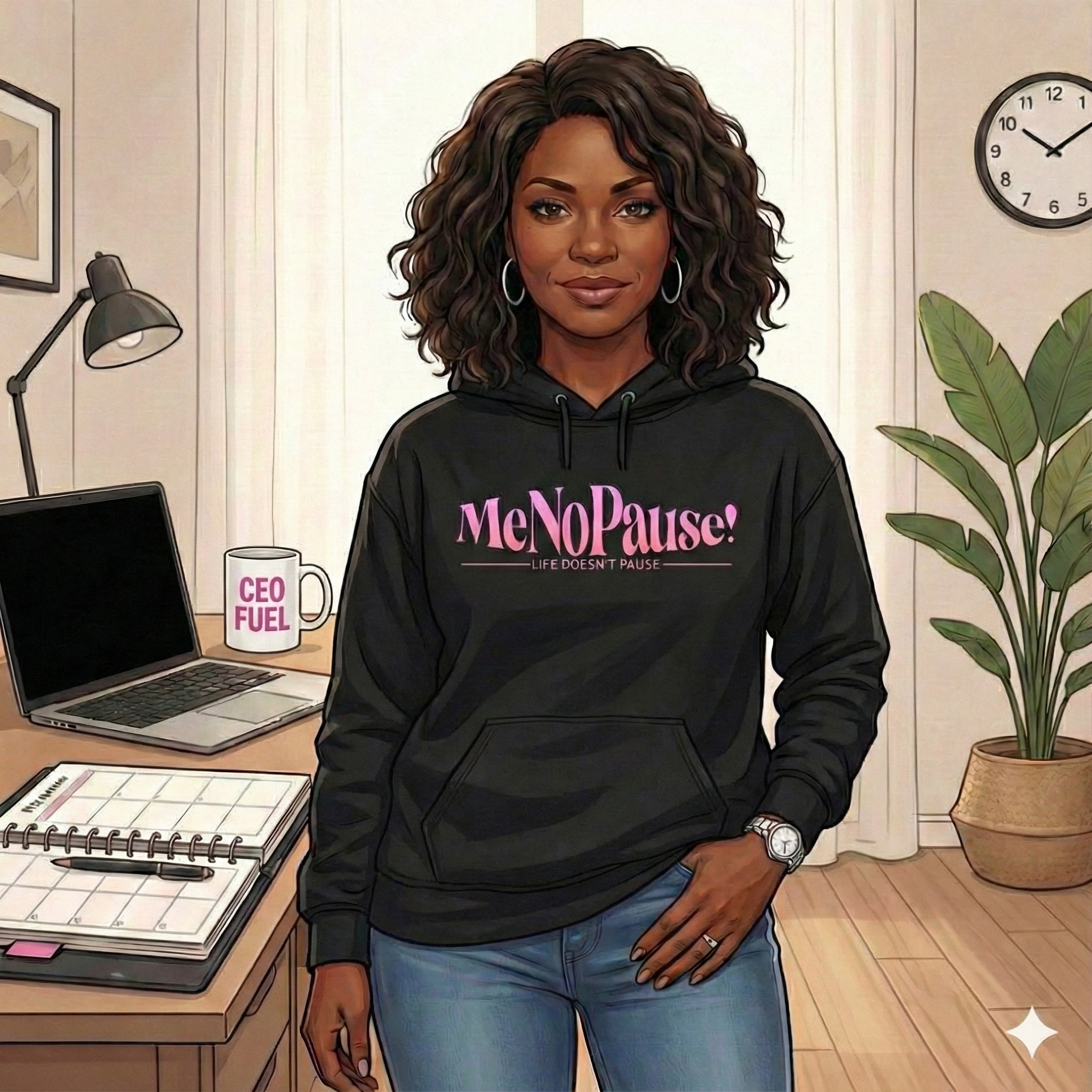 A moment of quiet concentration: the Chief Everything Officer in her workspace, reflecting the balance between productivity and exhaustion.