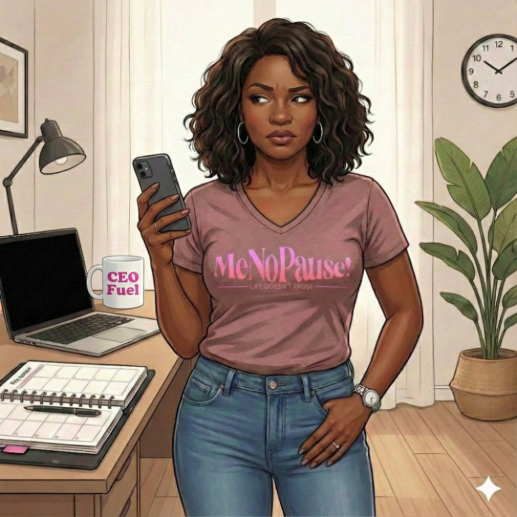 The Chief Everything Officer standing at her desk in a MeNoPause!™ tee, focused and composed—ready to handle whatever comes next.