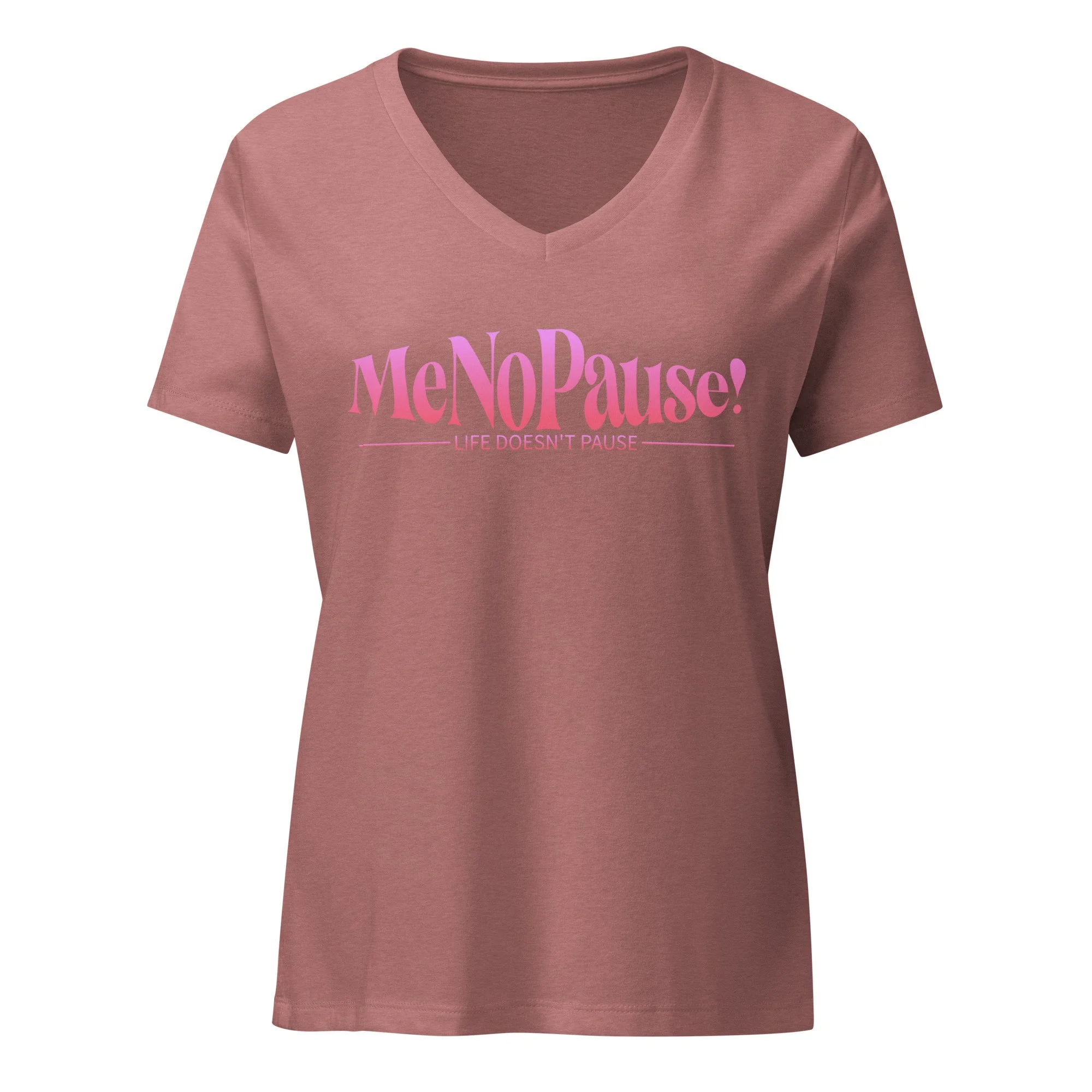 Heather Mauve MeNoPause!™ Signature V-Neck T-Shirt with pink logo text.