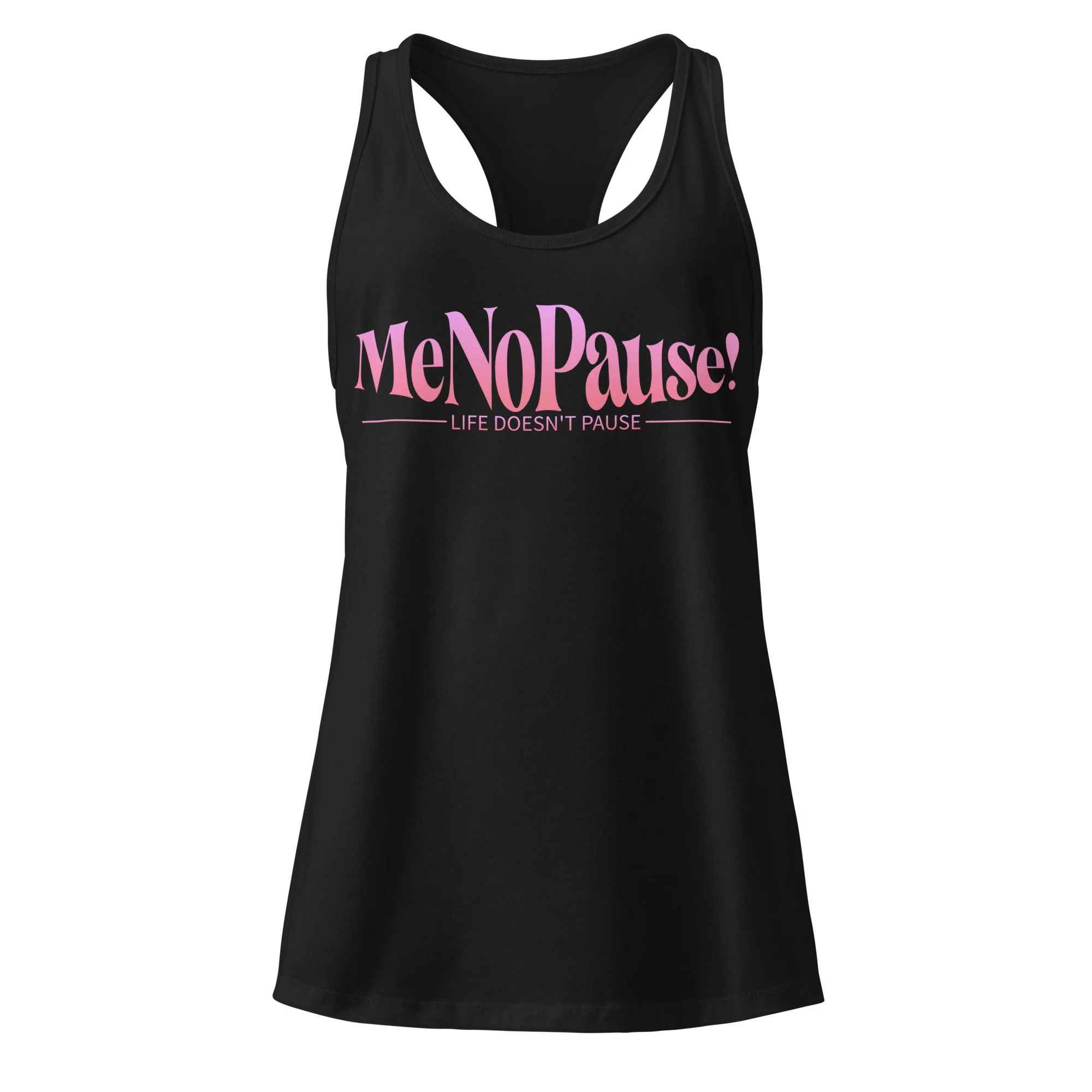 Black women’s racerback tank with MeNoPause!™ pink logo on the front.
