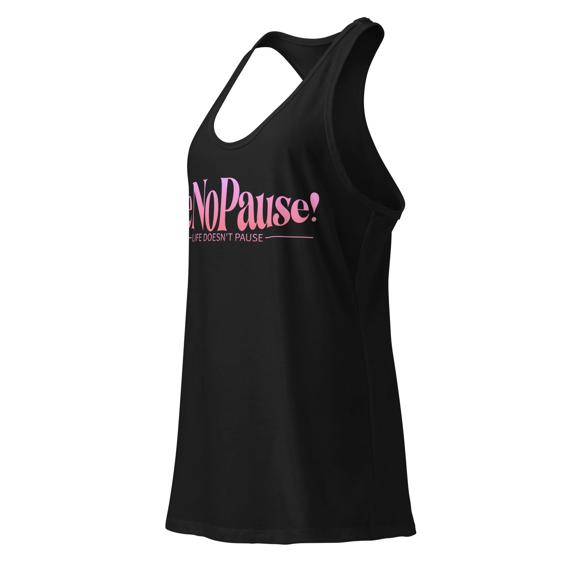 Back view of the MeNoPause!™ Empowerment Racerbank Tank in heather gray, showing the racerback cutout.