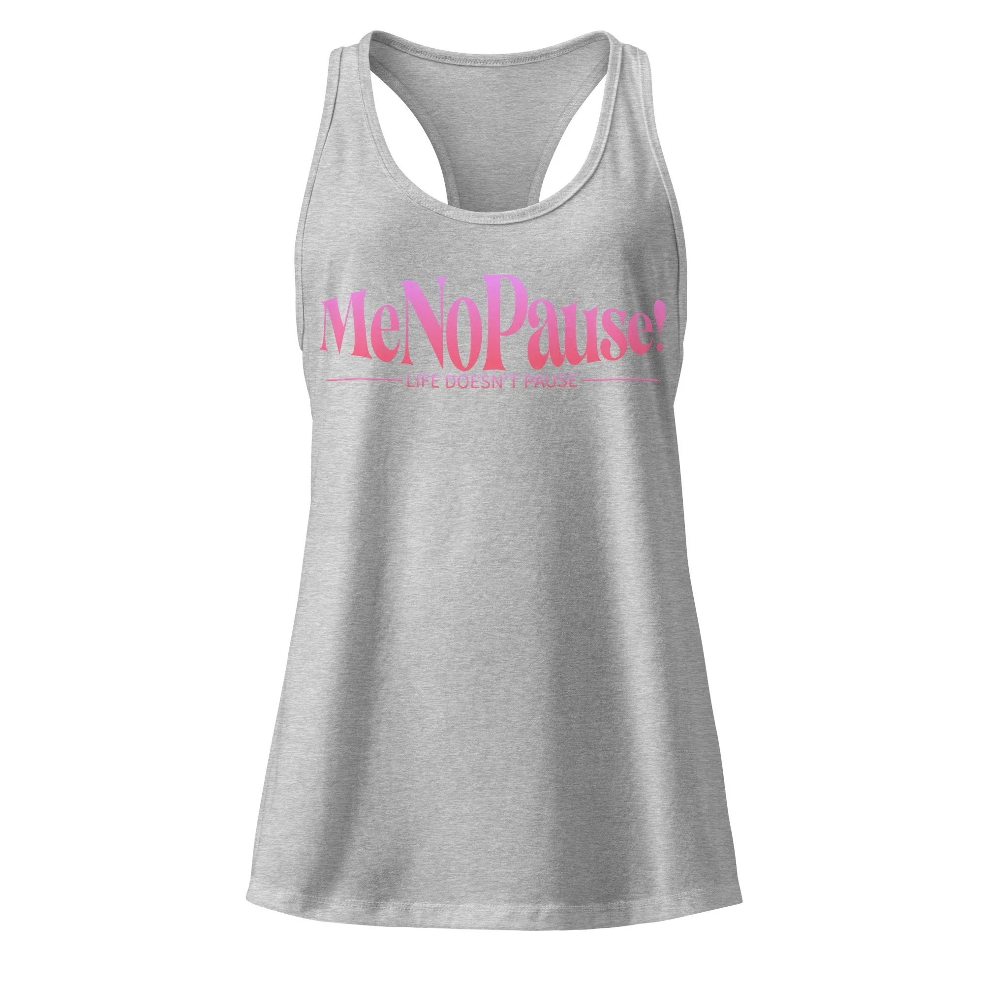 Heather gray women’s racerback tank with MeNoPause!™ pink logo on the front.
