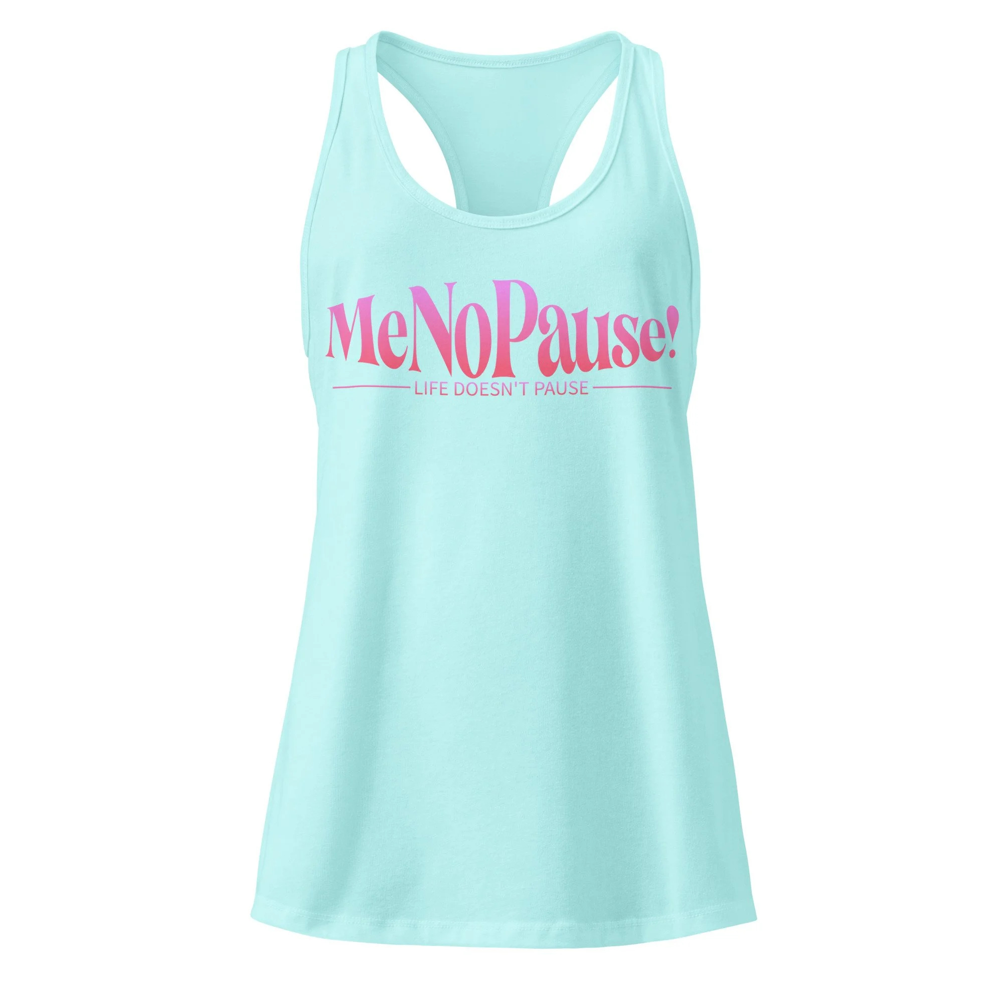 Cancun women’s racerback tank with MeNoPause!™ pink logo on the front.