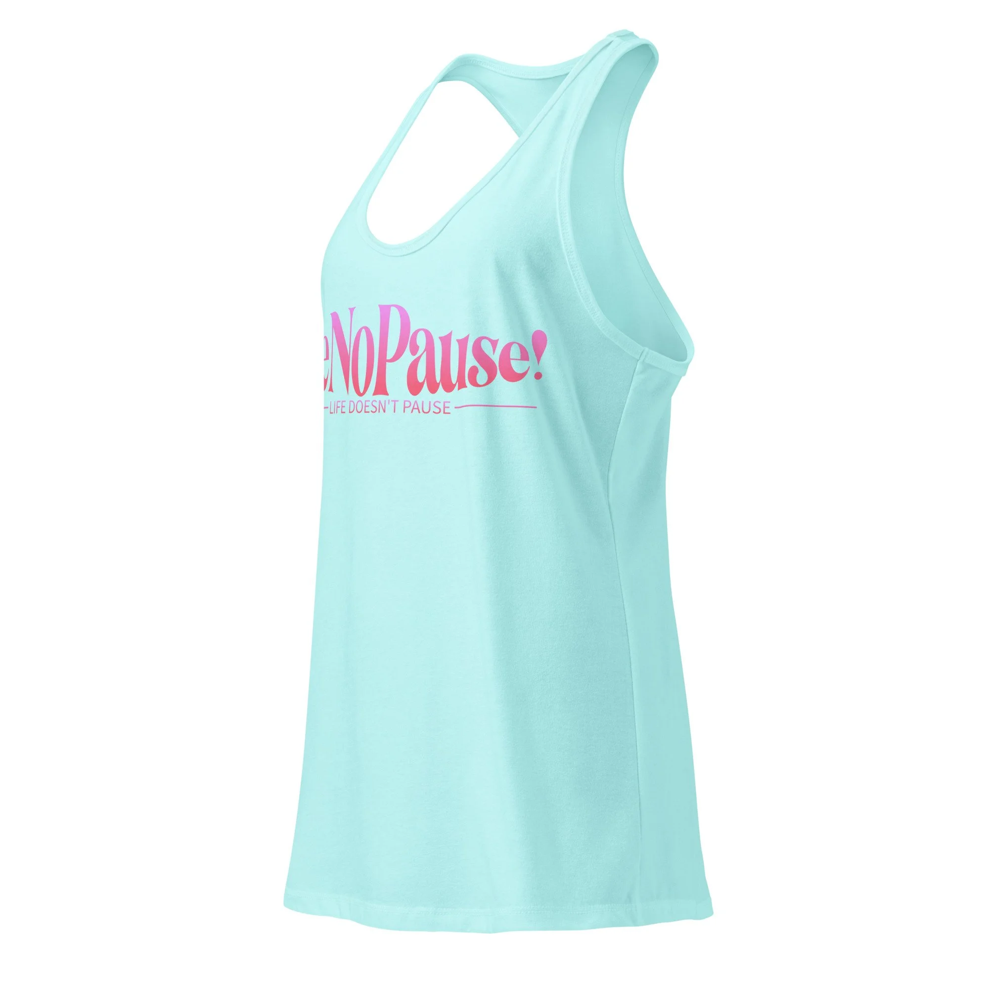 Angled view of the MeNoPause!™ Empowerment Racerbank Tank in cancun, showing the relaxed drape and shape.