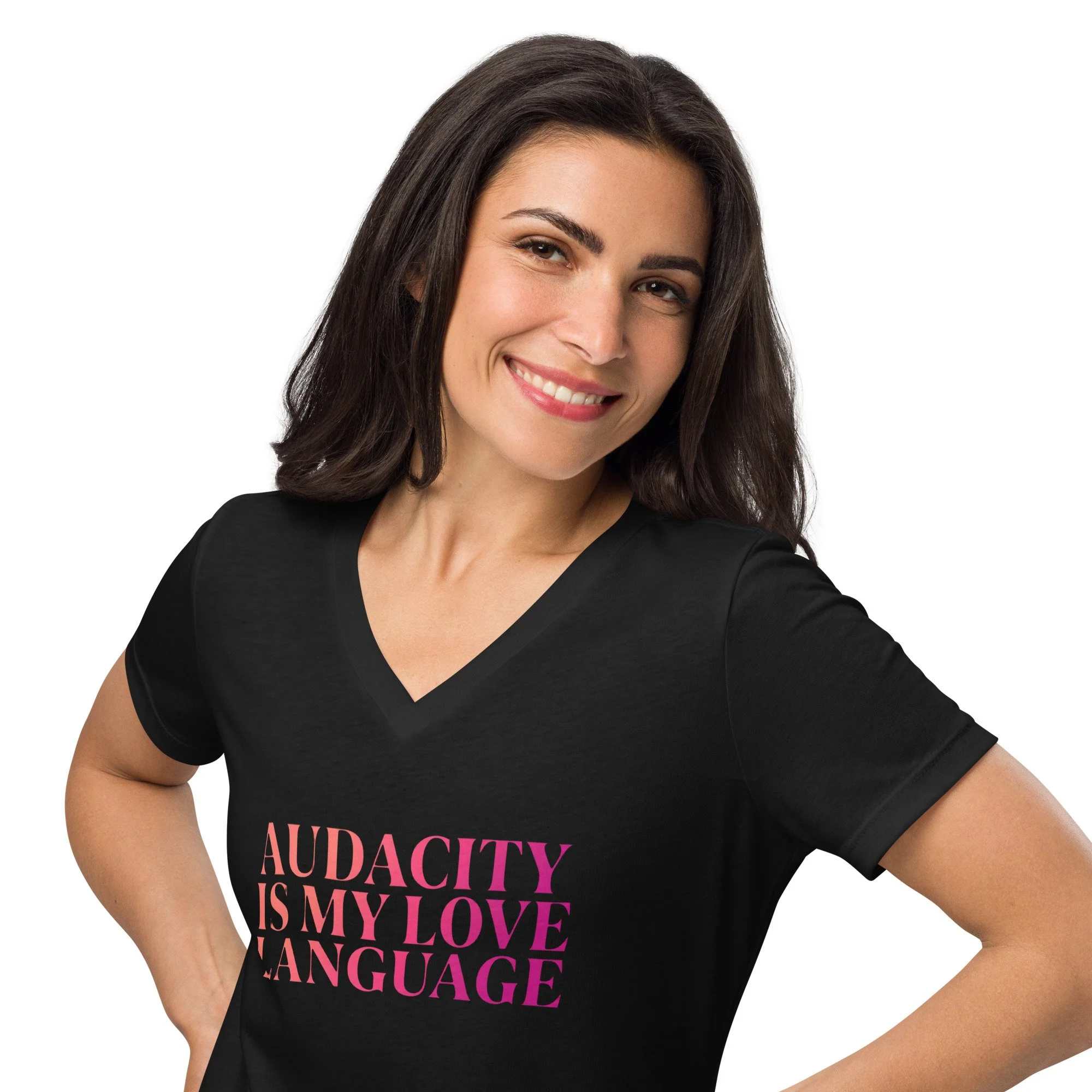 Woman wearing black MeNoPause!™ “Audacity Is My Love Language” V-neck t-shirt