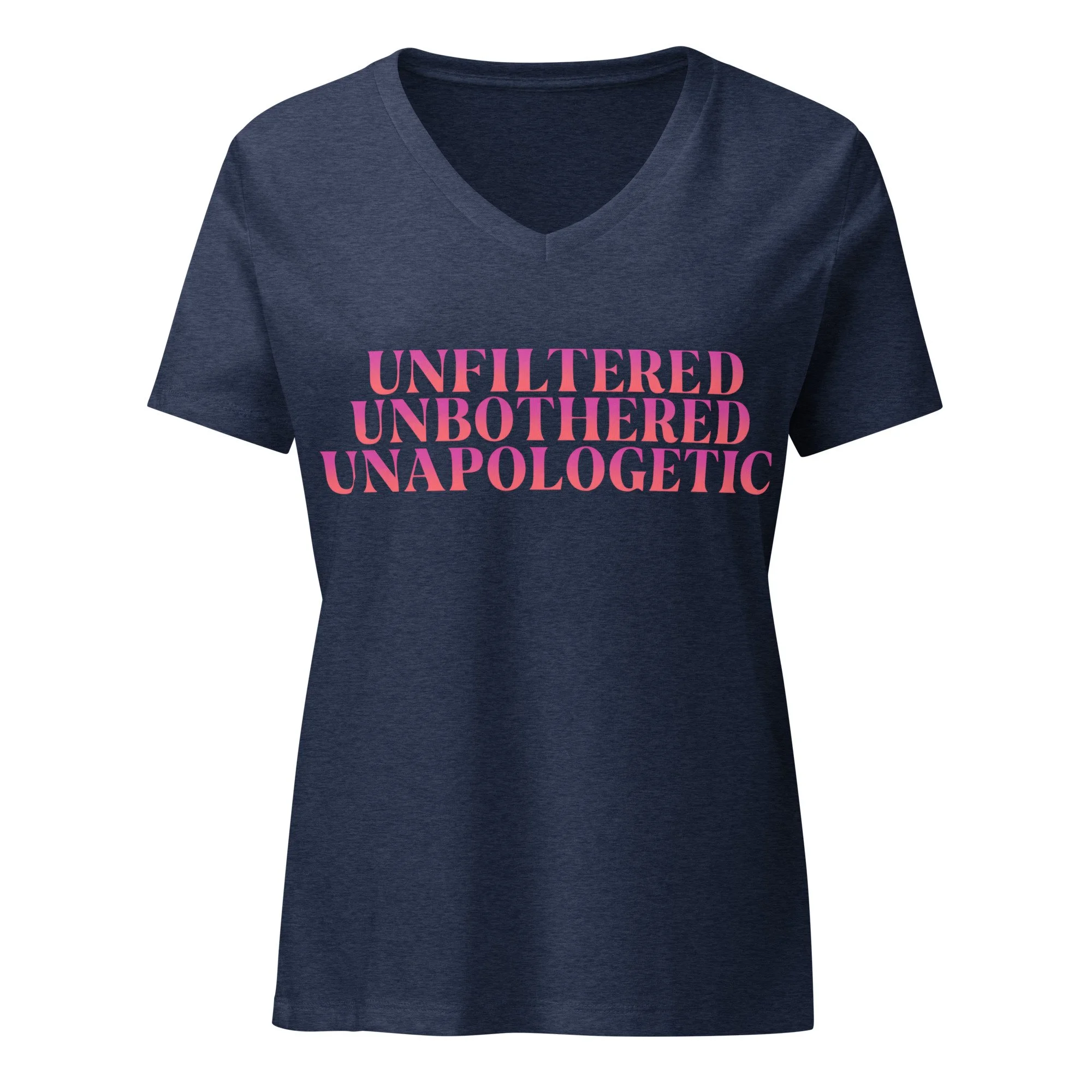 Heather Navy MeNoPause! V-neck t-shirt with pink “Unfiltered. Unbothered. Unapologetic.” graphic on front