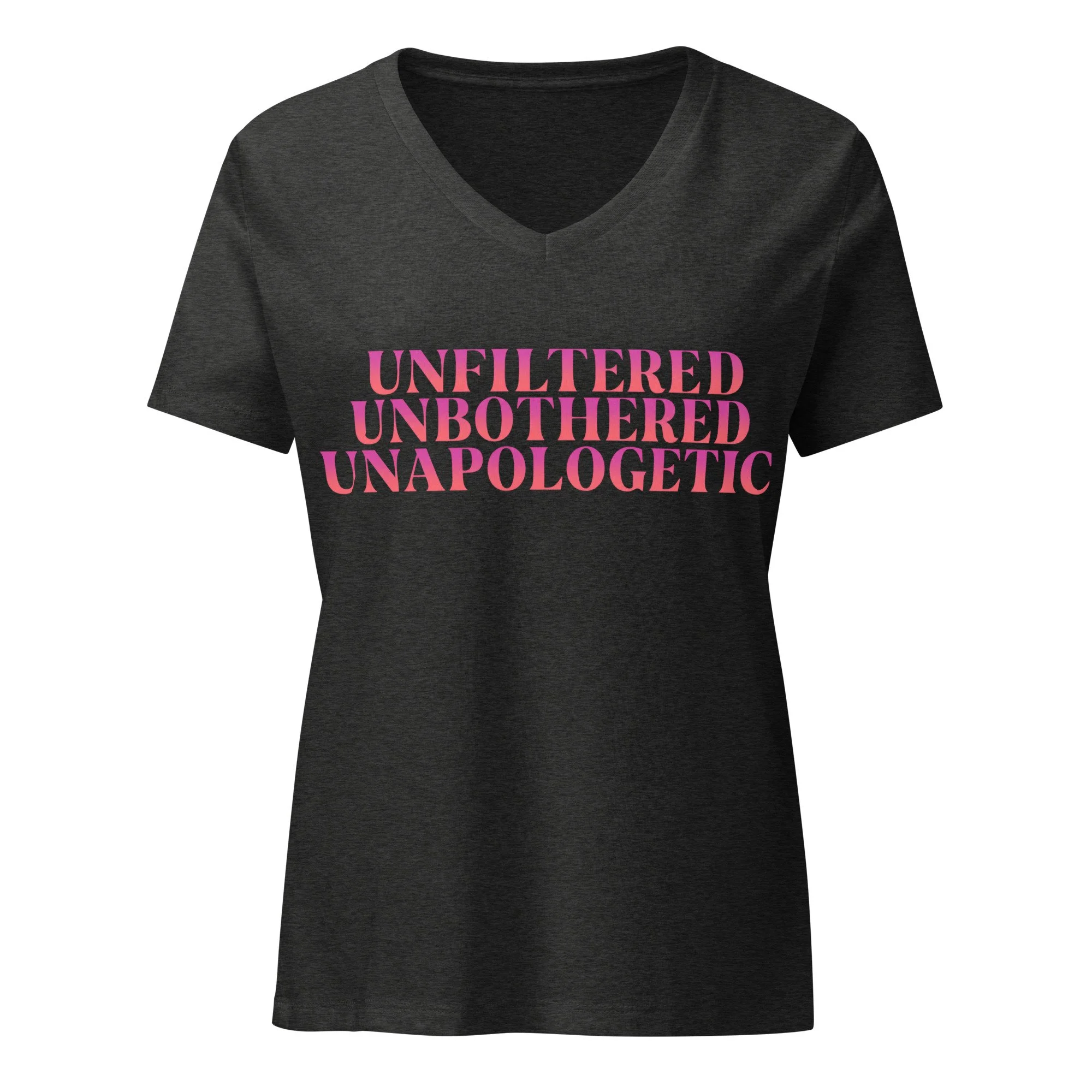 Dark Grey Heather MeNoPause! V-neck t-shirt with pink “Unfiltered. Unbothered. Unapologetic.” graphic on front