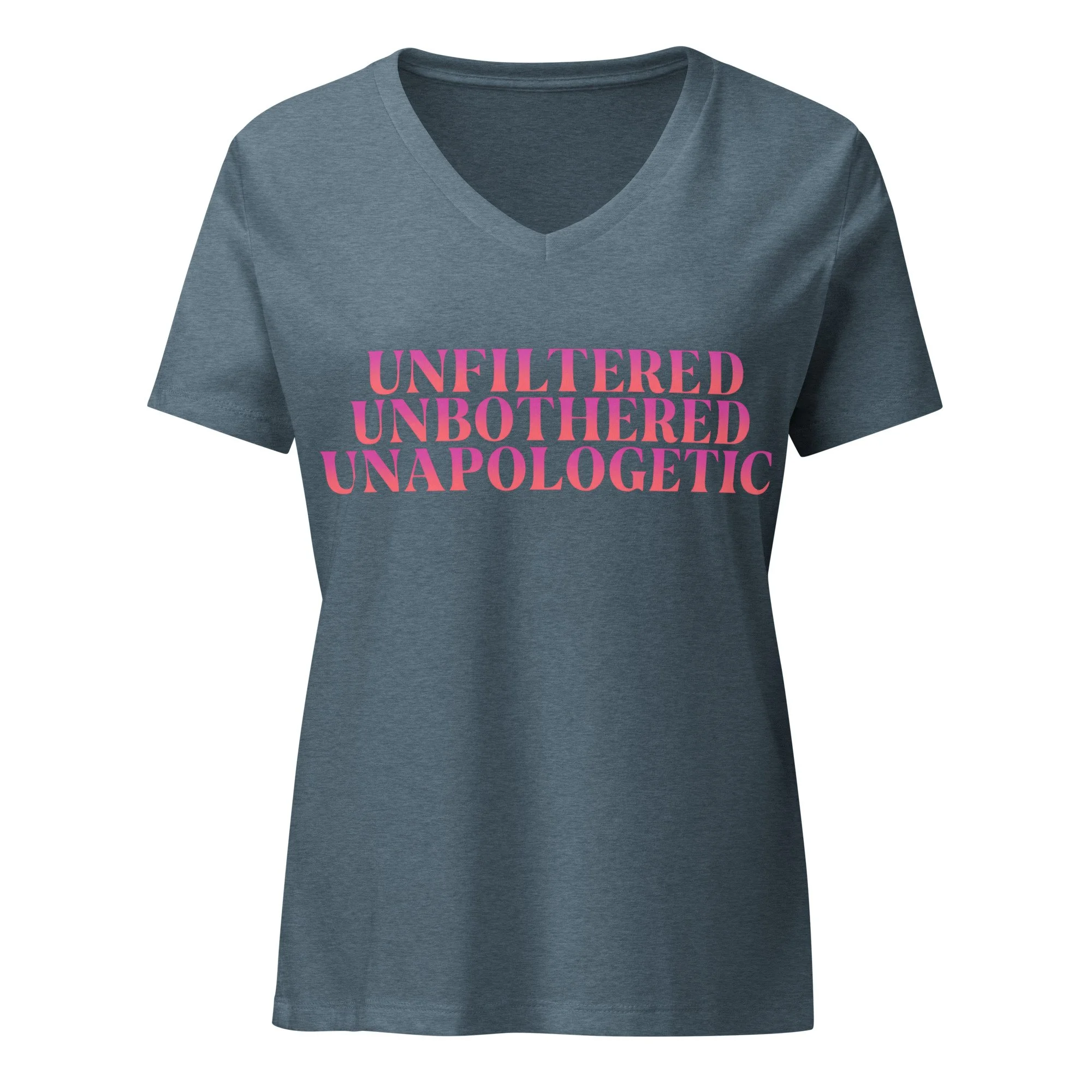Heather Slate MeNoPause! V-neck t-shirt with pink “Unfiltered. Unbothered. Unapologetic.” graphic on front