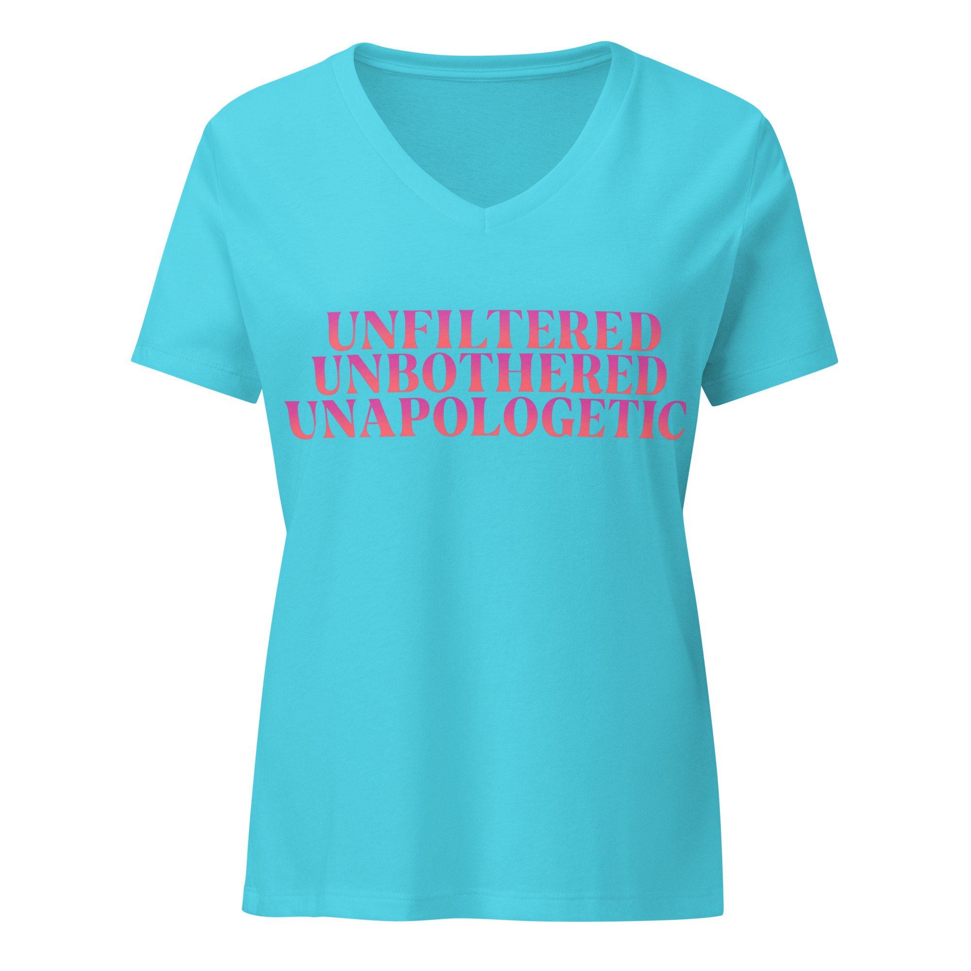 Turquoise MeNoPause! V-neck t-shirt with pink “Unfiltered. Unbothered. Unapologetic.” graphic on front