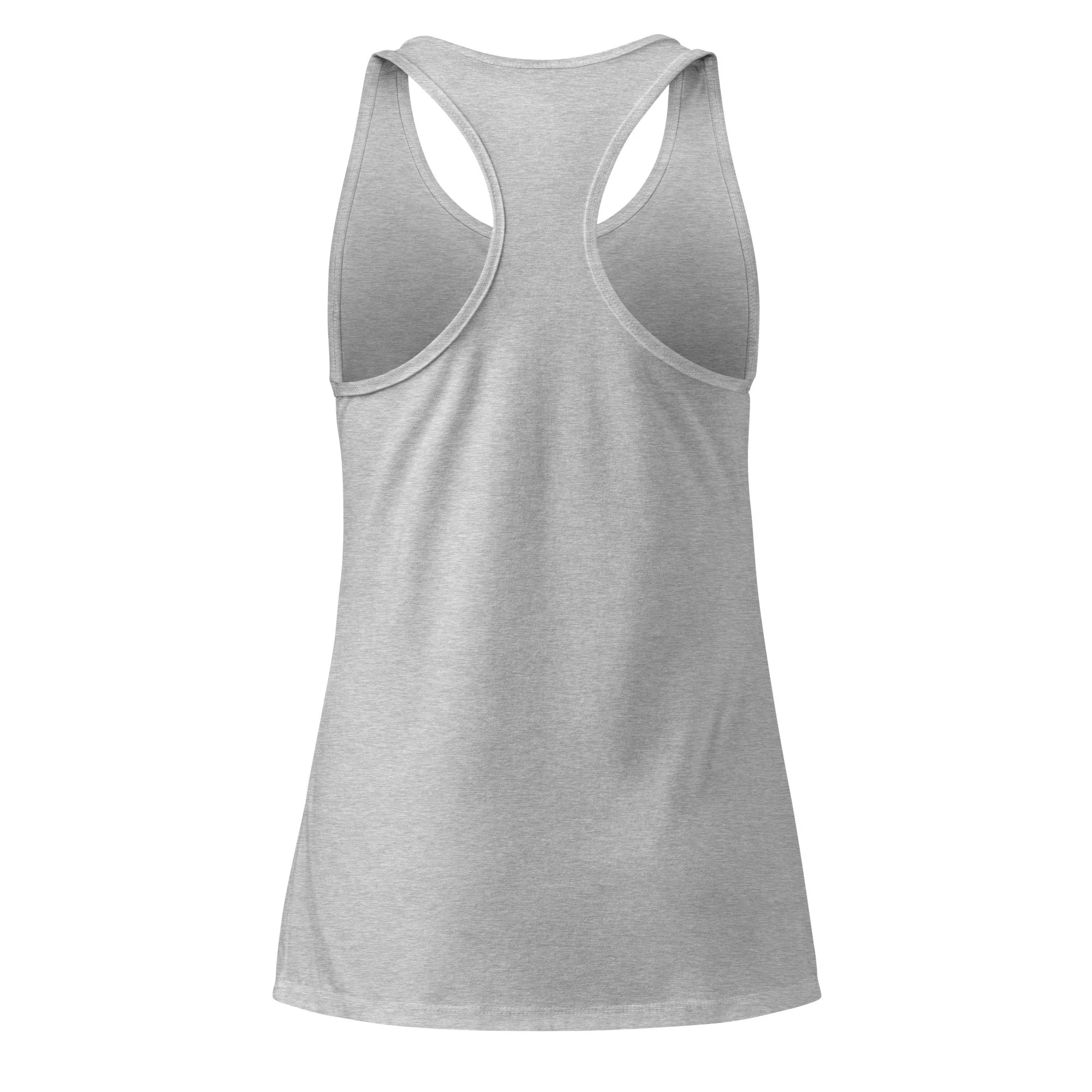 Back view of heather gray racerback tank showing racerback cut and fit