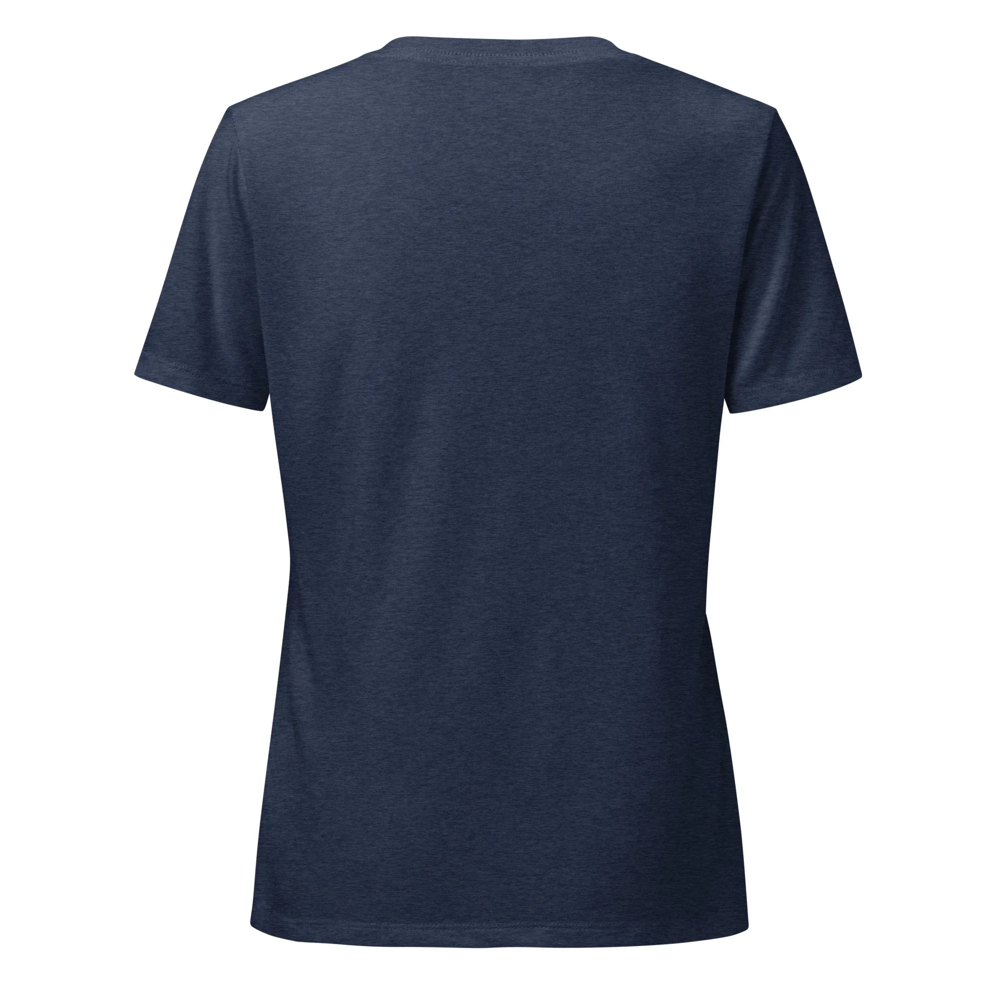 Back view of heather navy V-neck t-shirt showing plain design with no front text visible.