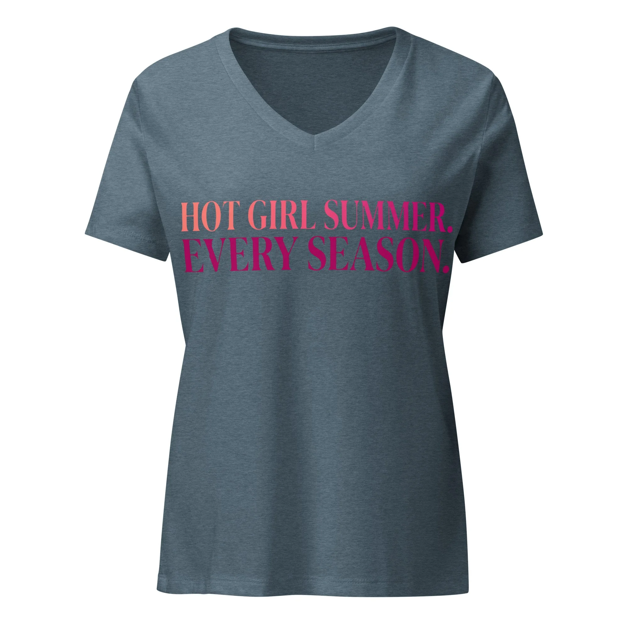 Heather slate V-neck t-shirt with “Hot Girl Summer. Every Season.” text in pink gradient on front.