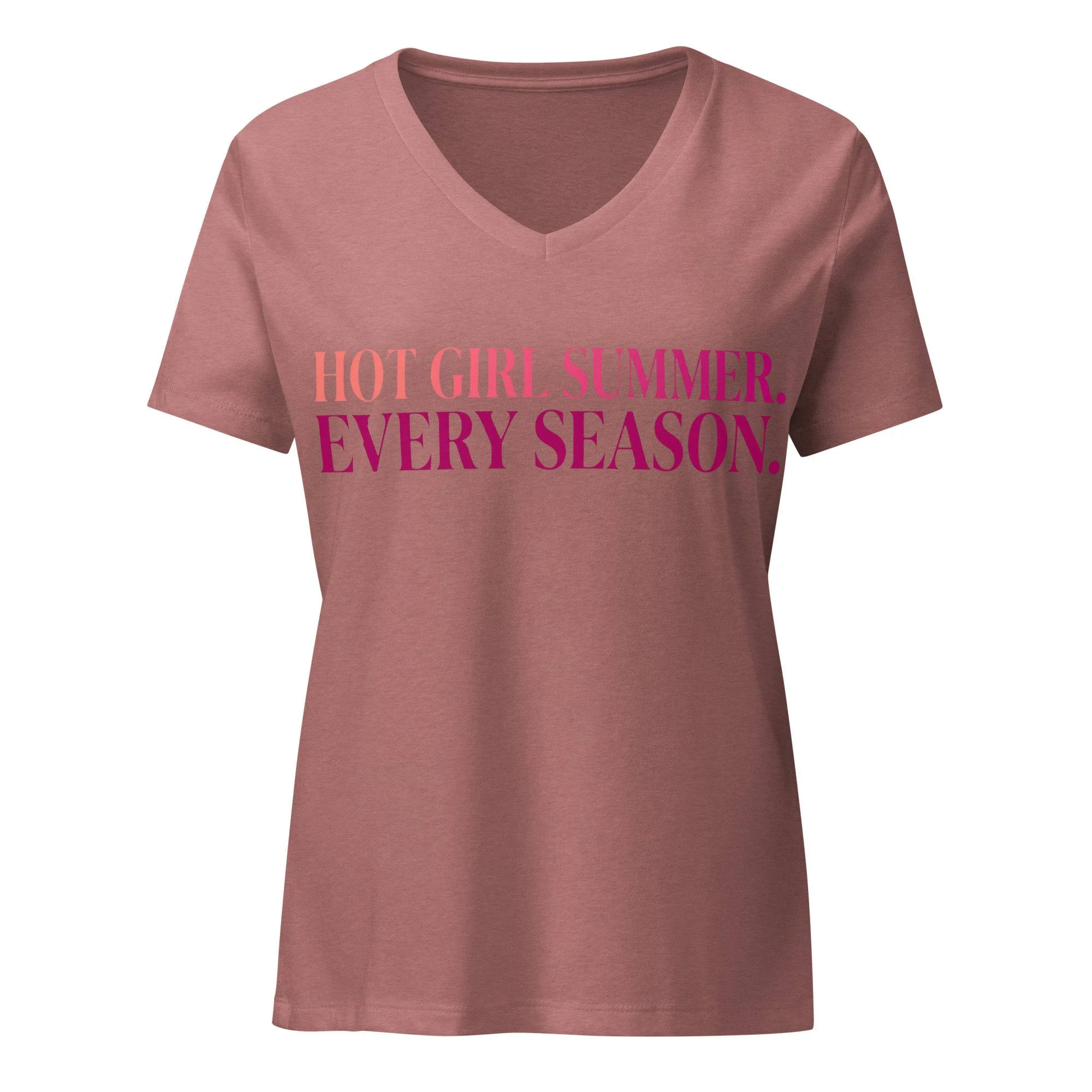 Heather mauve V-neck t-shirt with “Hot Girl Summer. Every Season.” text in pink gradient on front.
