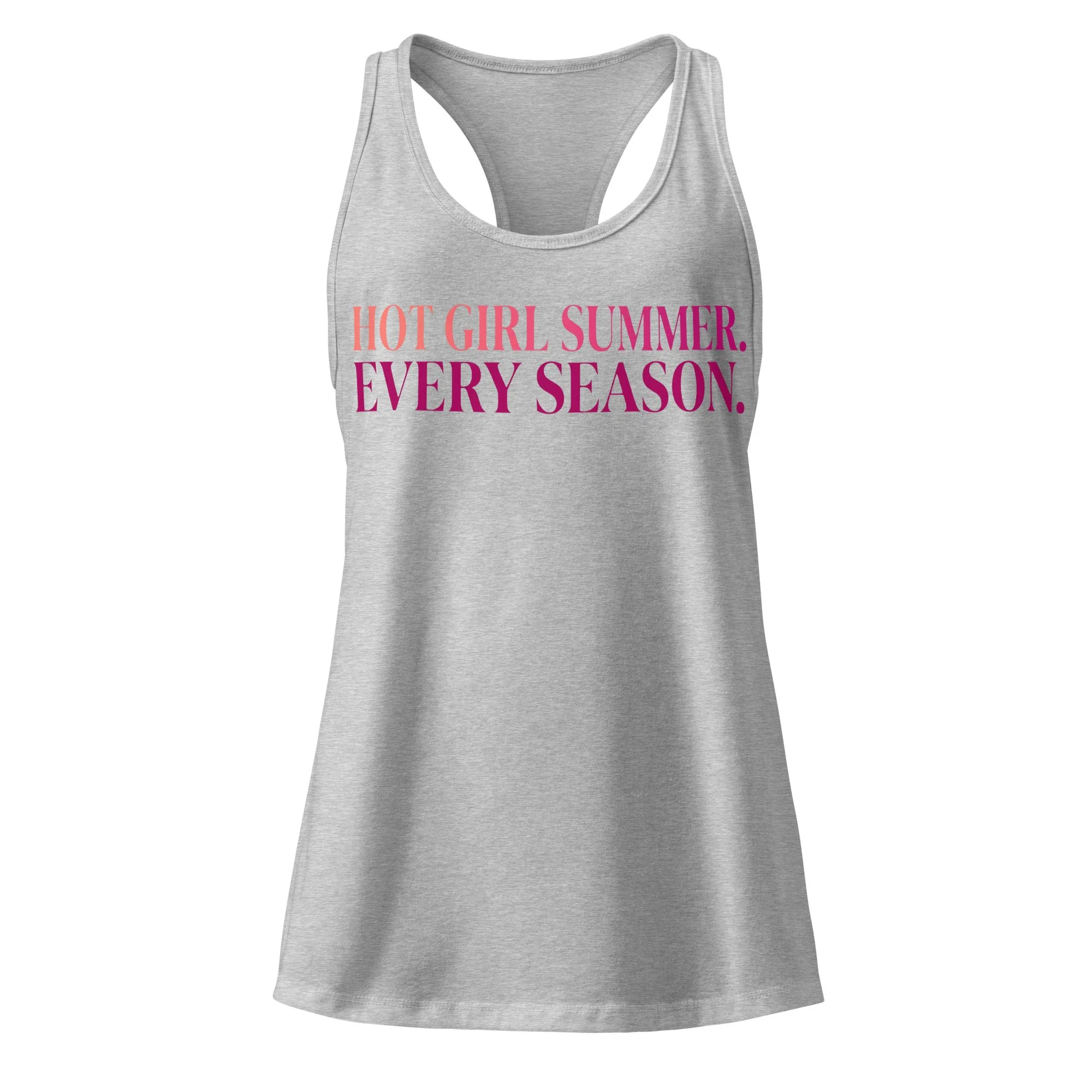 Heather gray racerback tank top with “Hot Girl Summer. Every Season.” text in pink gradient on front.