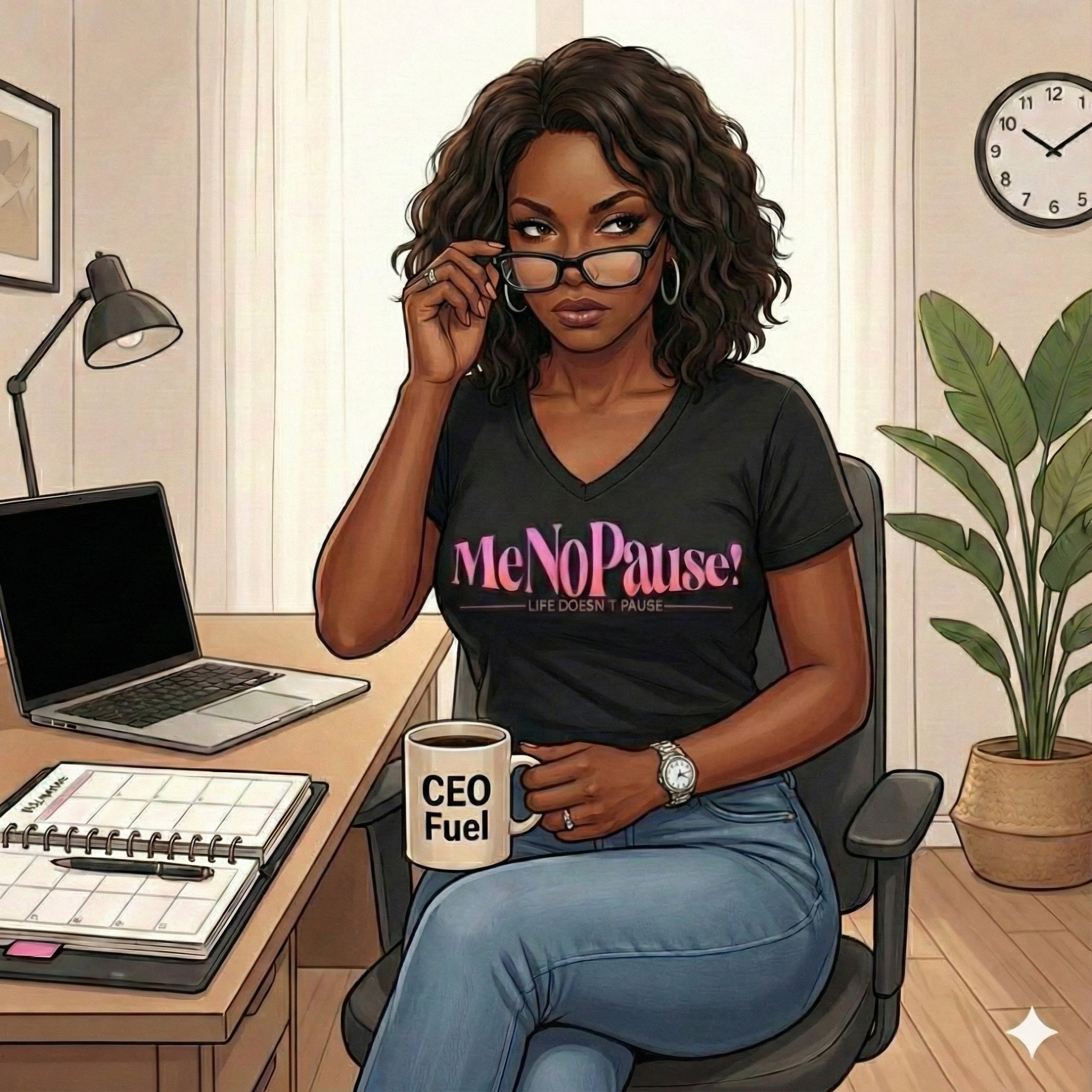 Seated at a desk with coffee in hand, the Chief Everything Officer pauses mid-task, representing mental load, decision-making, and constant responsibility.