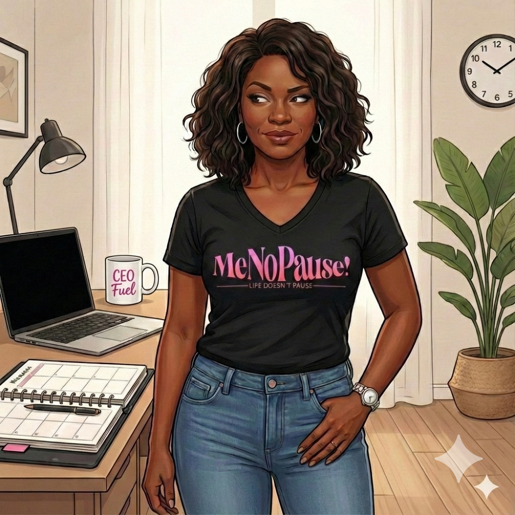The Chief Everything Officer standing at her desk in a MeNoPause!™ tee, focused and composed—ready to handle whatever comes next.
