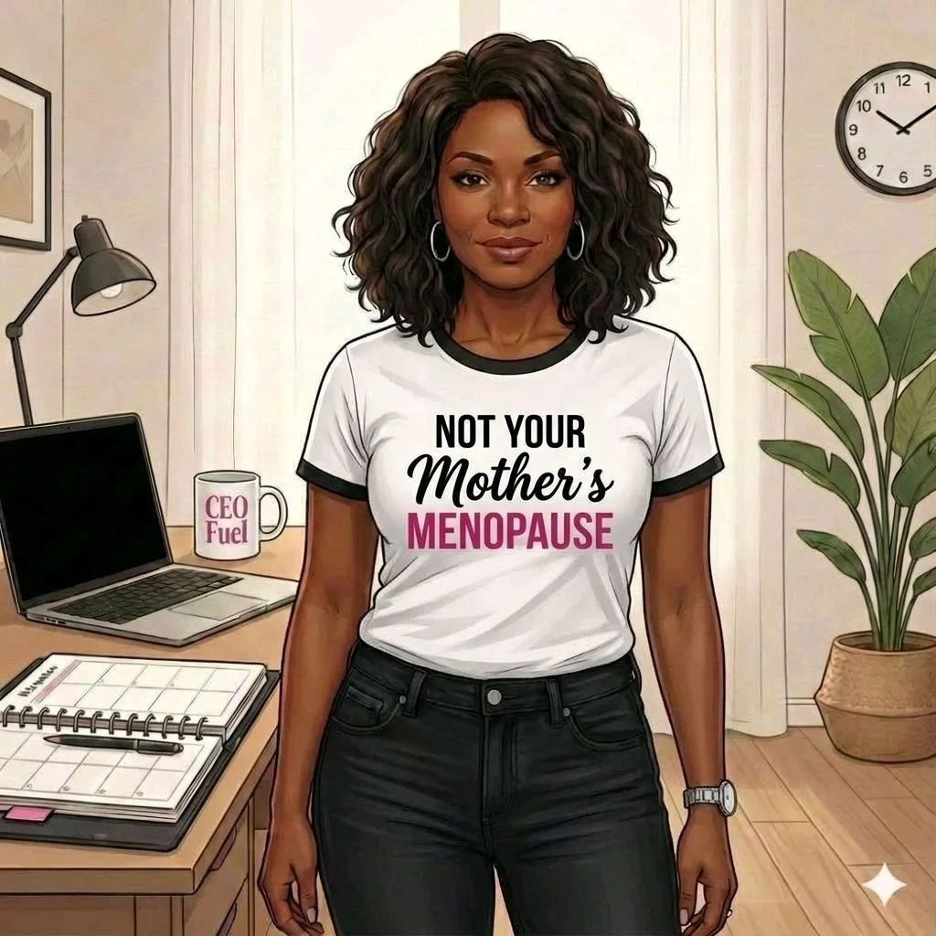 Illustrated midlife woman in a home office wearing a "Not Your Mother's Menopause" t-shirt.