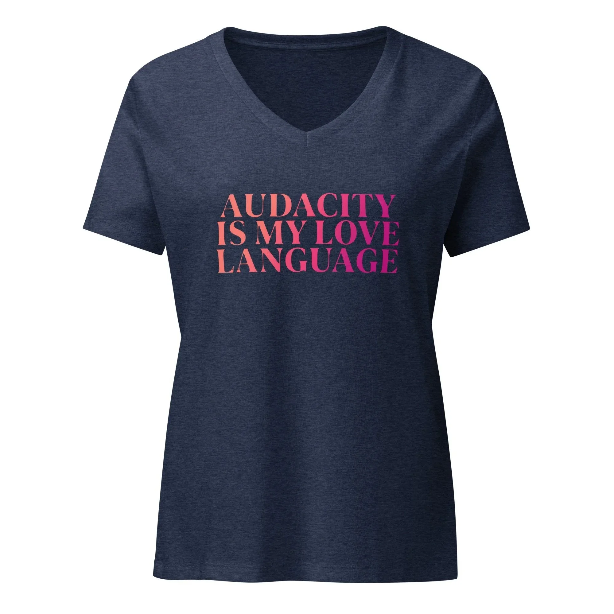 Navy women’s V-neck t-shirt with “Audacity Is My Love Language” pink gradient text – MeNoPause!™