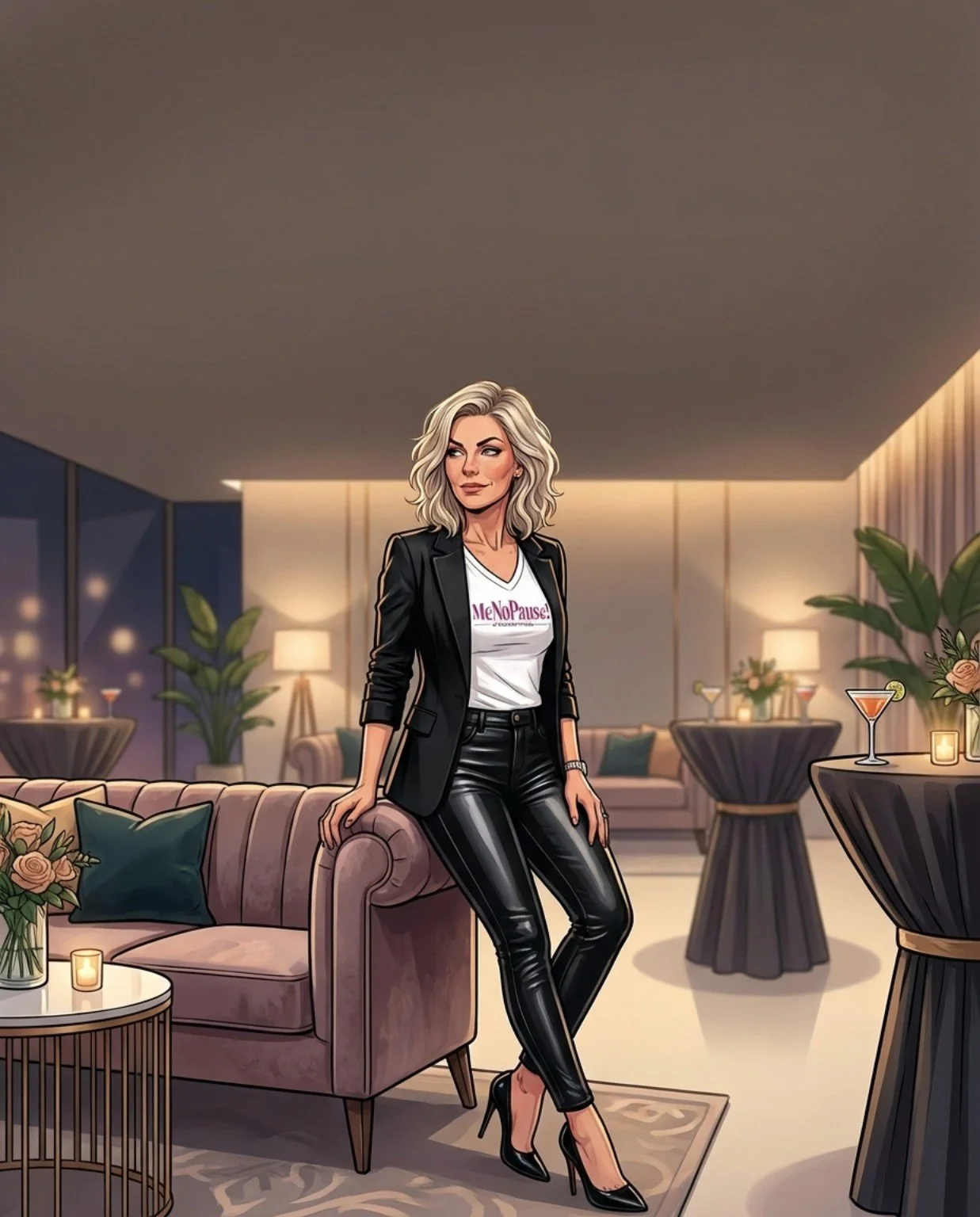 Stylish midlife woman representing the MeNoPause! Chief Over-It Officer standing confidently in a modern setting.