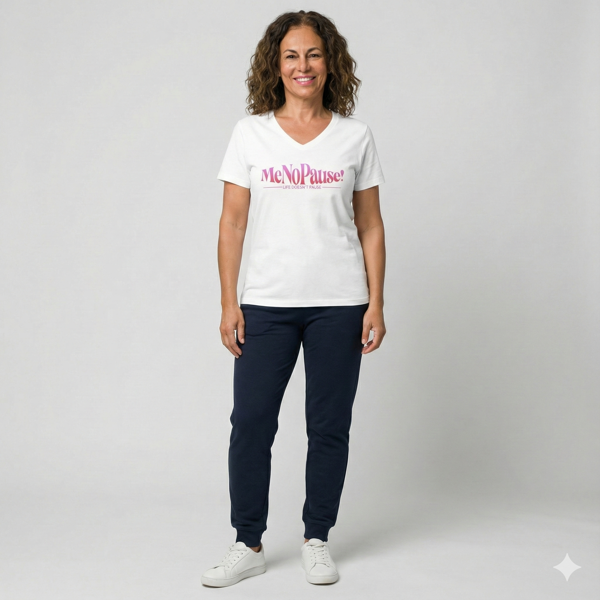 Woman wearing MeNoPause!™ Signature V-neck T-shirt in white, relaxed fit lifestyle photo