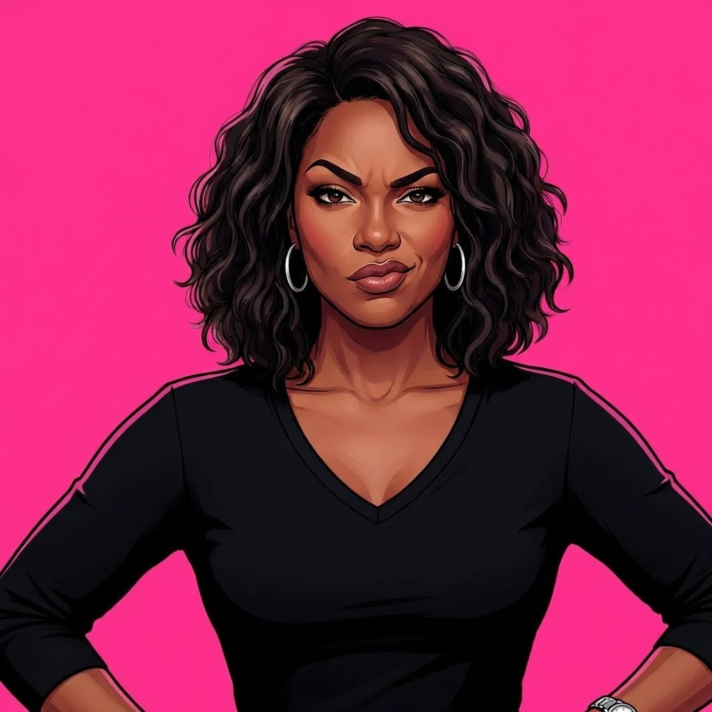 The MeNoPause!™ Chief Everything Officer stands confidently in a black shirt against a bold pink background, representing leadership, clarity, and authority.