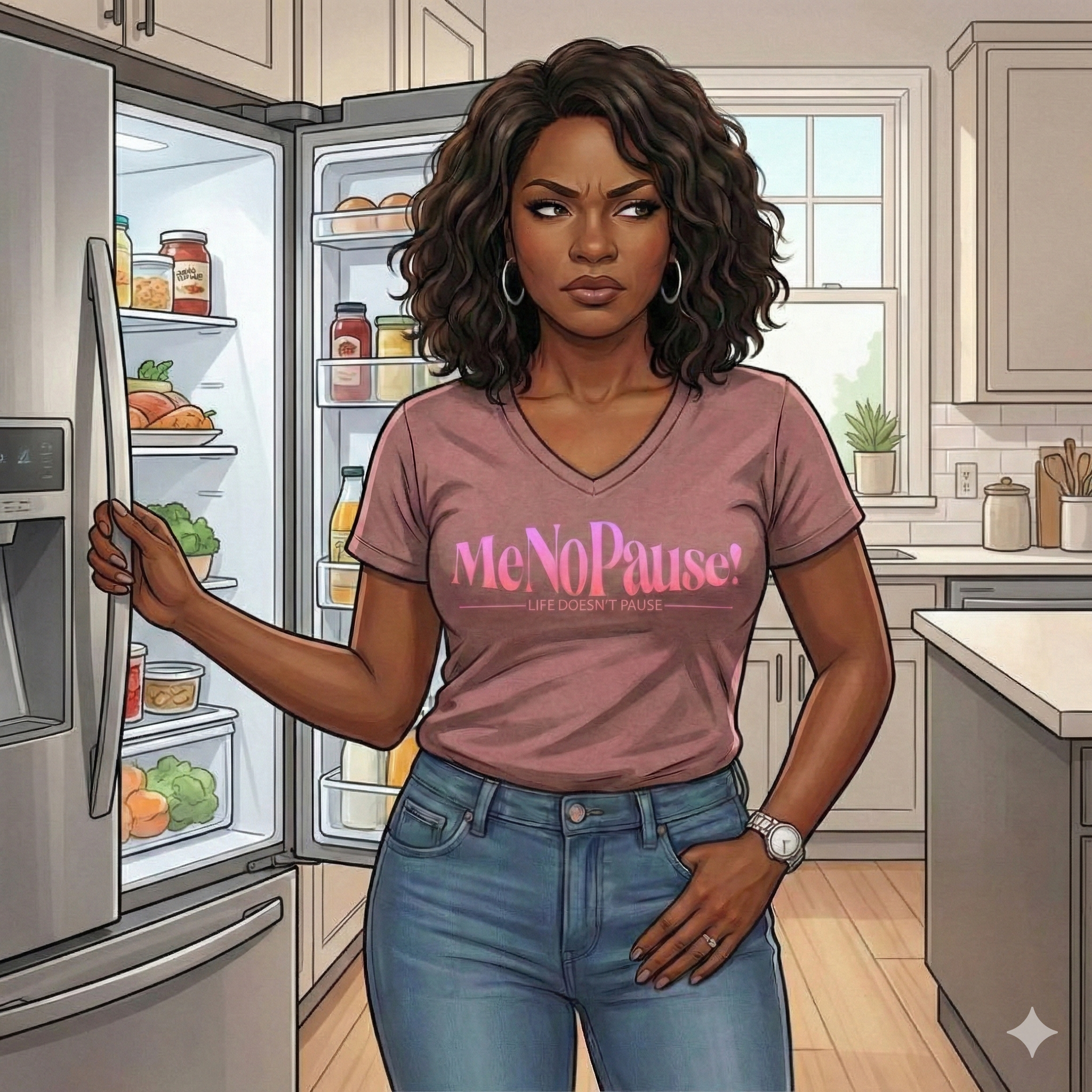 The Chief Everything Officer in a home office setting, wearing a MeNoPause!™ tee, grounded and composed—balancing leadership with everyday life.