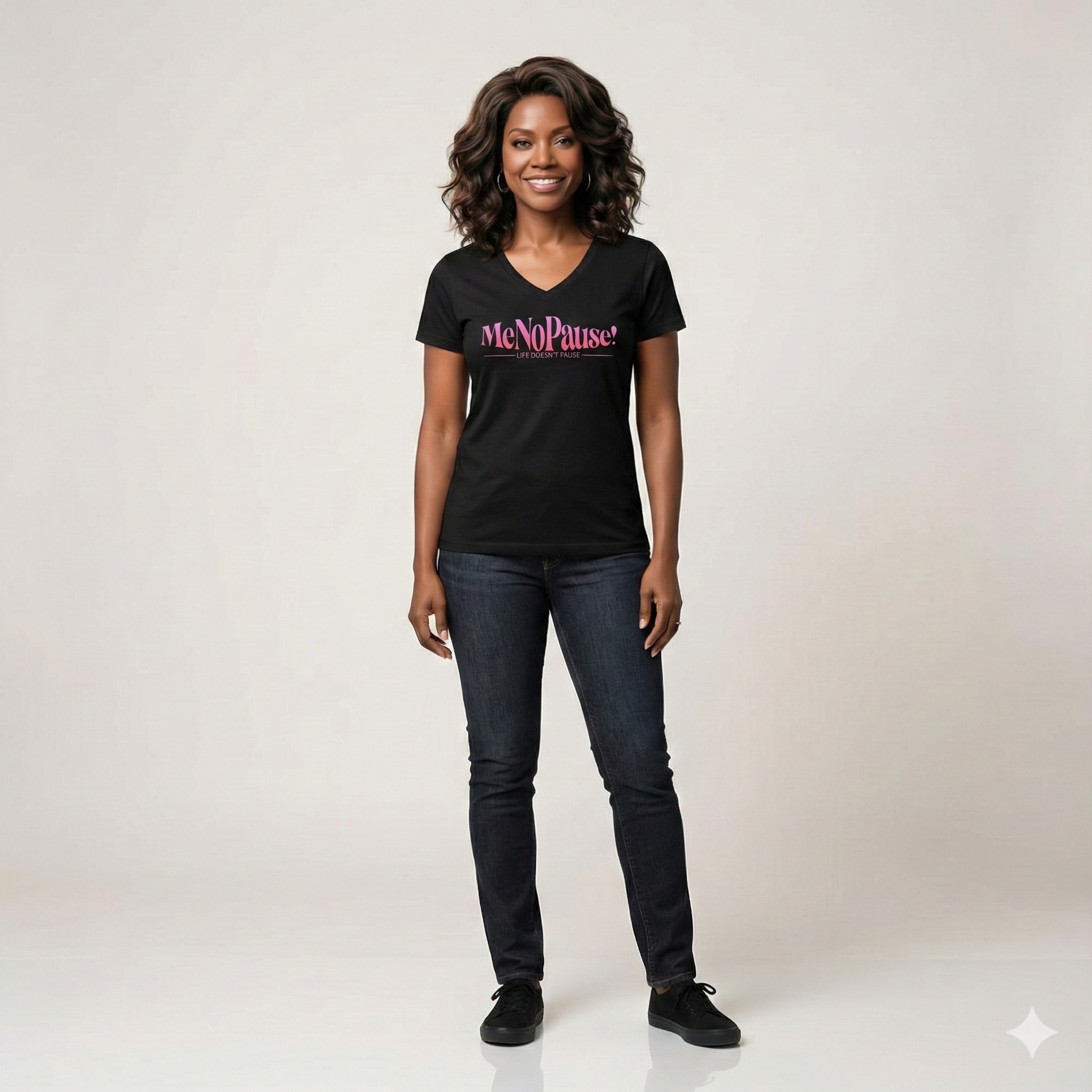 Woman wearing MeNoPause!™ Signature V-neck T-shirt in black, relaxed fit lifestyle photo