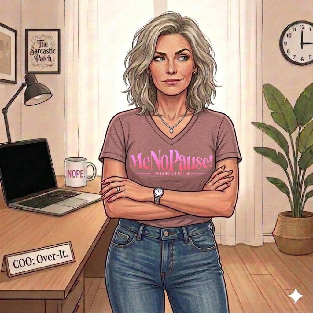 Illustrated midlife woman wearing a pink MeNoPause! shirt representing the Chief Over-It Officer with a firm no-nonsense expression.