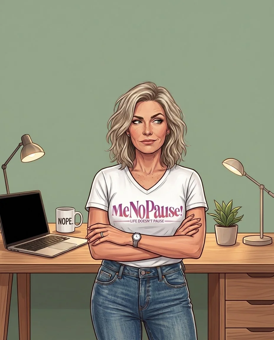 Confident midlife woman with arms crossed representing the Chief Over-It Officer for MeNoPause! in a modern office setting.