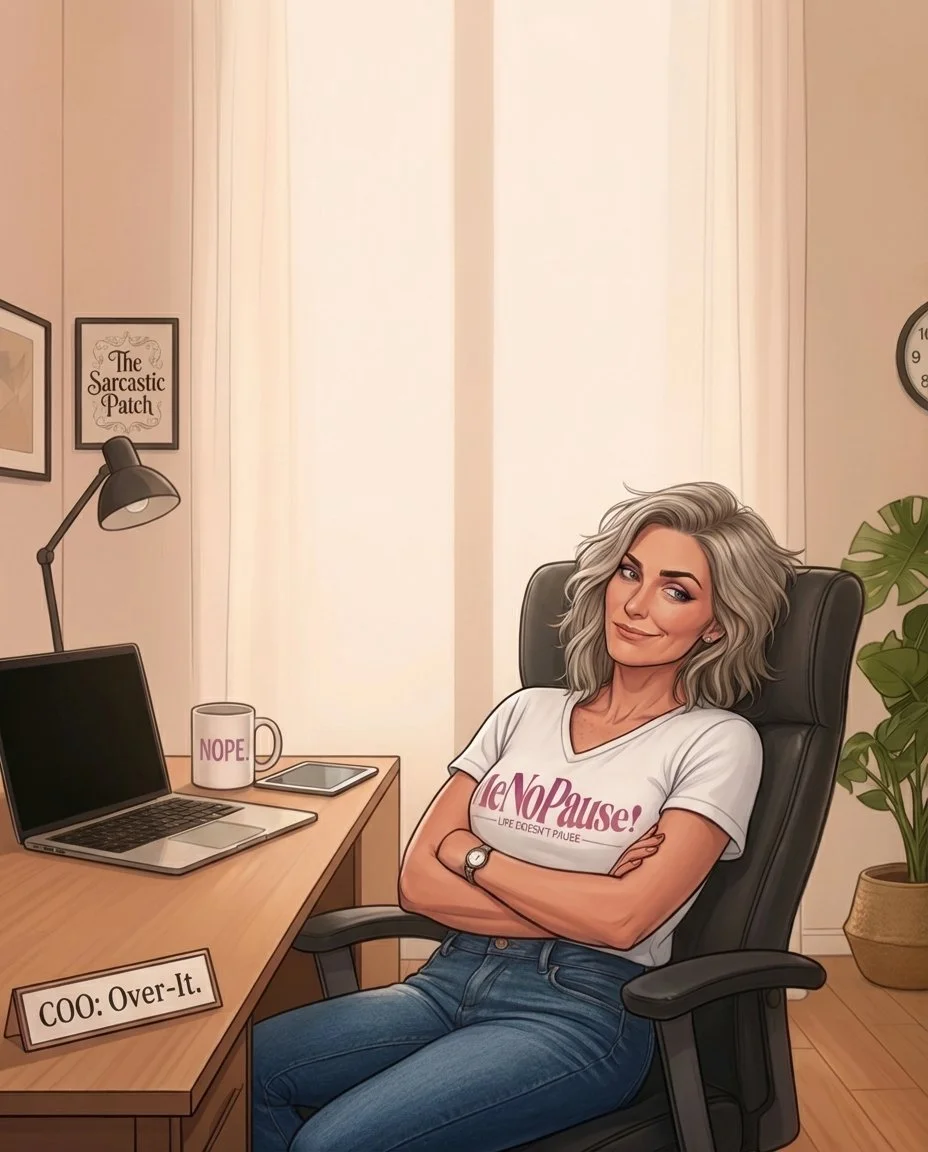 Illustrated midlife woman representing the Chief Over-It Officer (COO) of MeNoPause! leaning back in an office chair with a relaxed, unimpressed expression.
