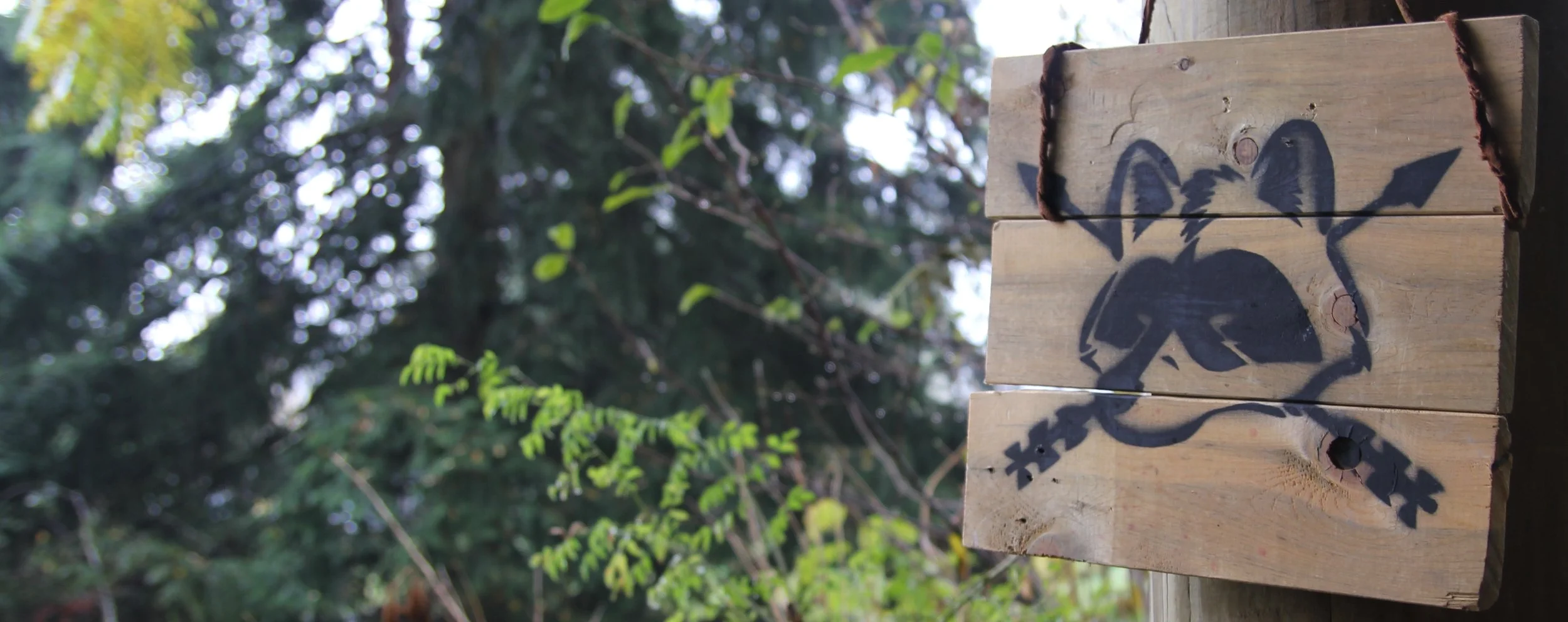 A wooden sign of Rewild Portland's logo, a spraypainted cartoon of racoon's head with two arrows criss-crossing in the background.
