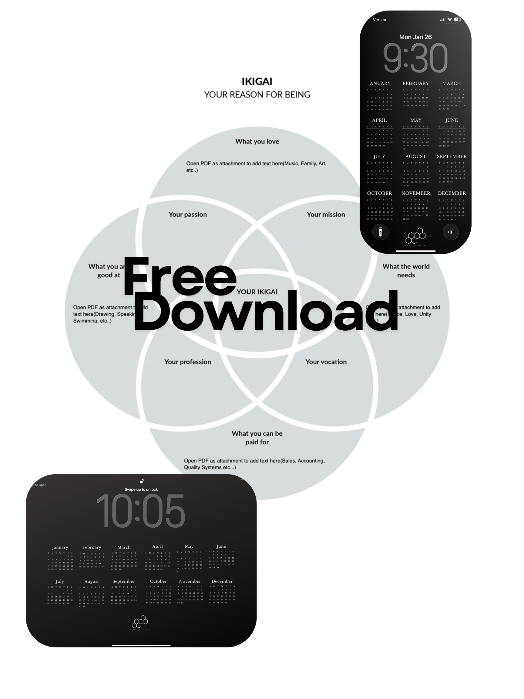 MWF Starter Package - Ikigai worksheet PDF, Tablet Wallpaper, Phone Wallpaper - FREE