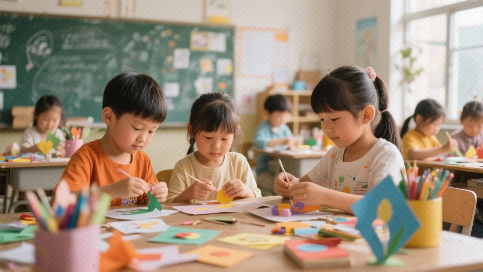 Young children sitting at a classroom table working on arts and crafts with paper, scissors, and colored markers, with a green chalkboard and additional children working in the background.