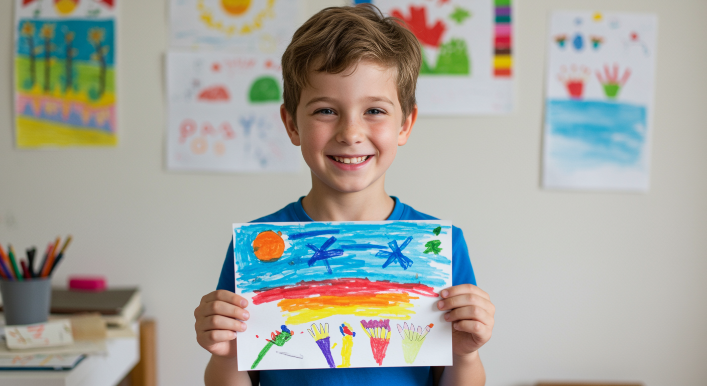 A young boy in a blue shirt smiling and holding up a colorful drawing of a sunset with a sun, blue sky, and flowers.