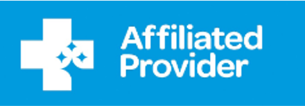 Blue background with white text and logo reading 'Affiliated Provider' and a medical cross symbol with stars.