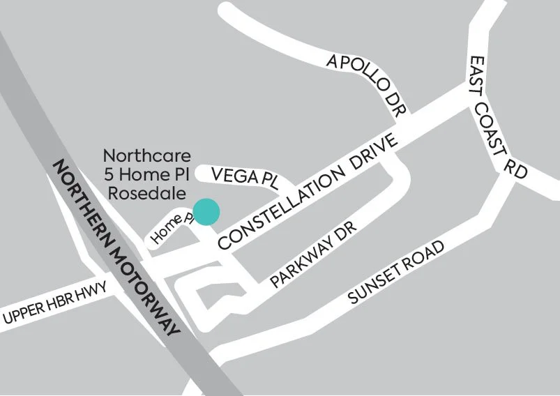 Map showing streets including Northern Motorway, Upper HBR Hwy, Constellation Drive, Parkway Dr, Sunset Road, Apollo Dr, East Coast Rd, and Home Pl, with a blue circle marking a location in Northcare, 5 Home Pl, Rosedale.
